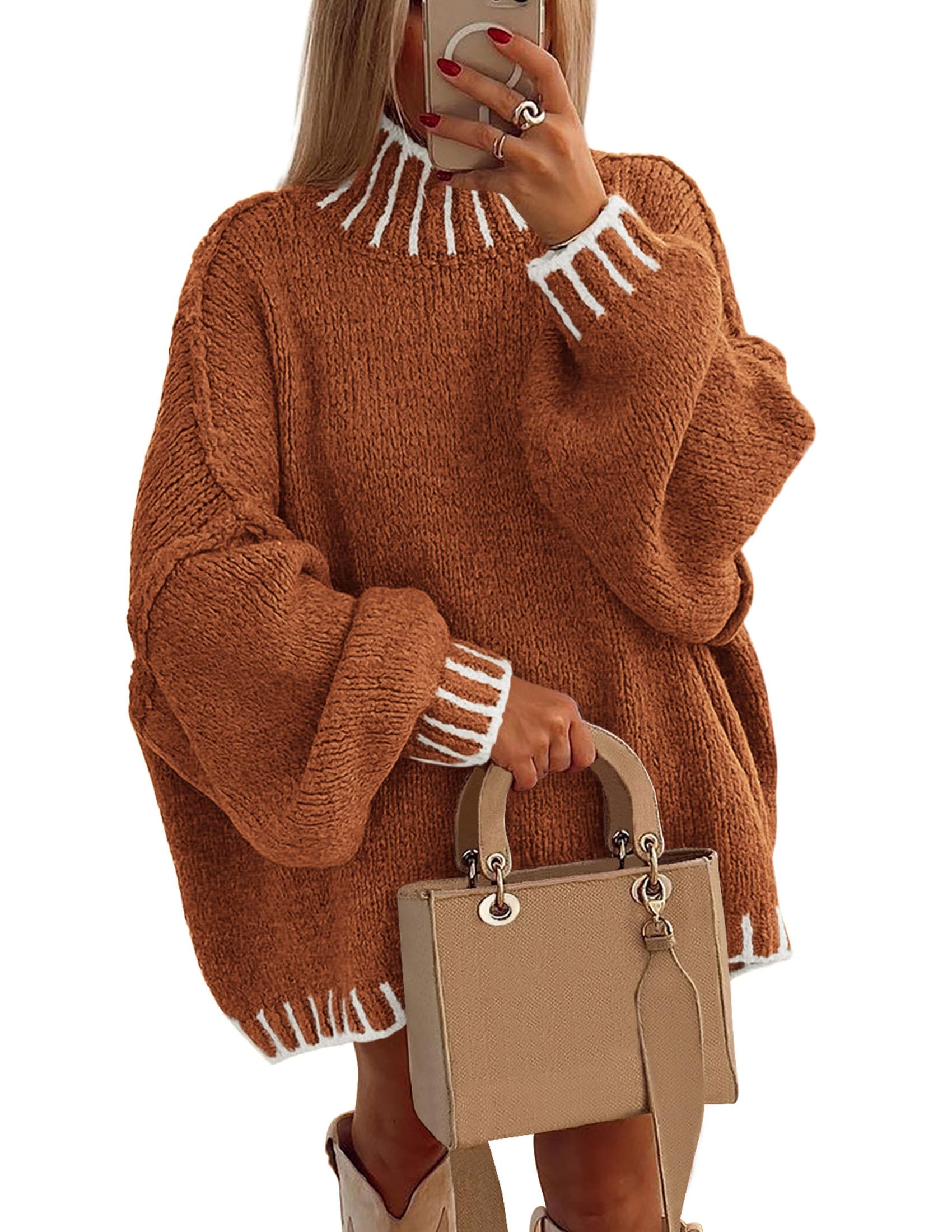 Women's Mock Neck Oversized Pullover Sweaters,Brick Red,XS