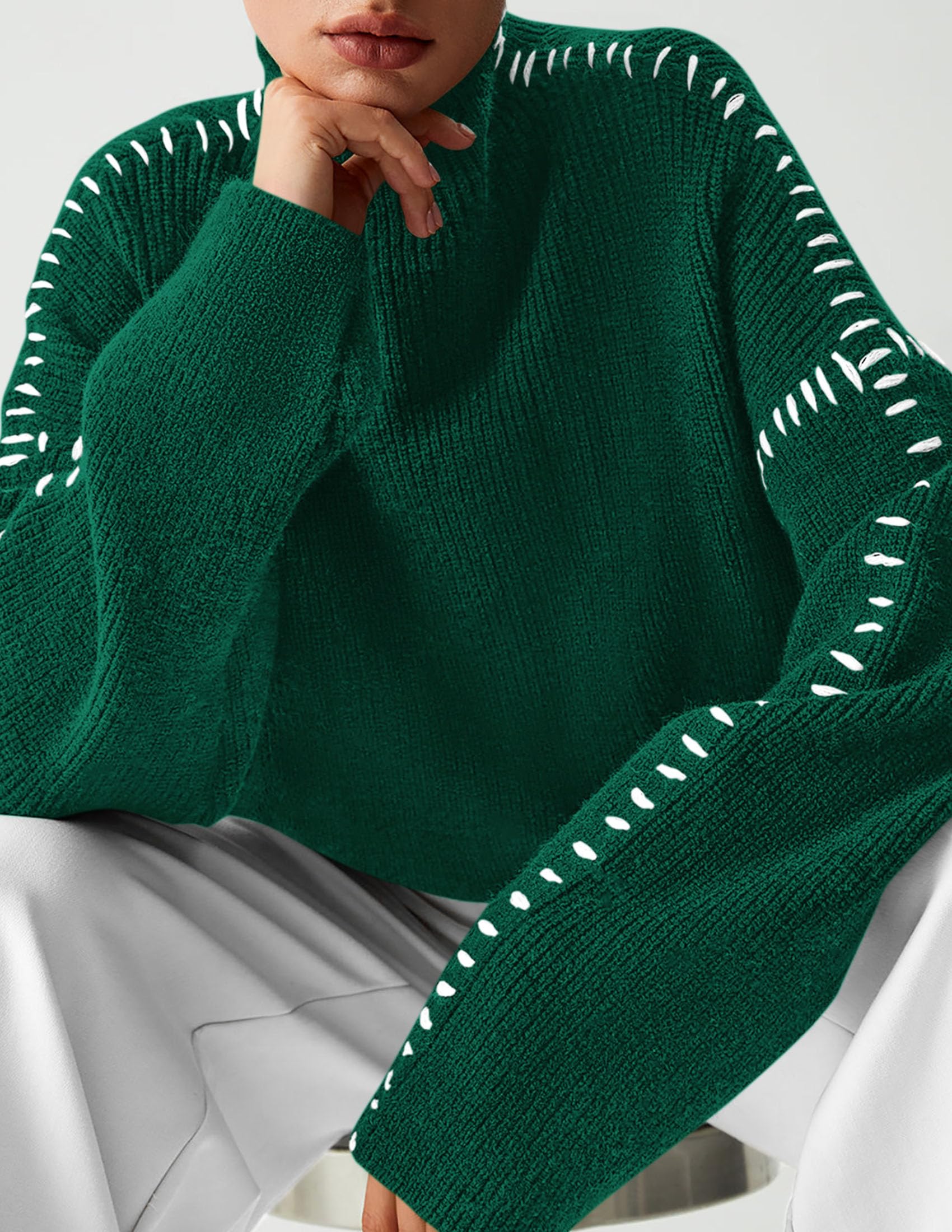 Womens Chunky Knit Oversized Pullover Sweaters,Dark Green,S