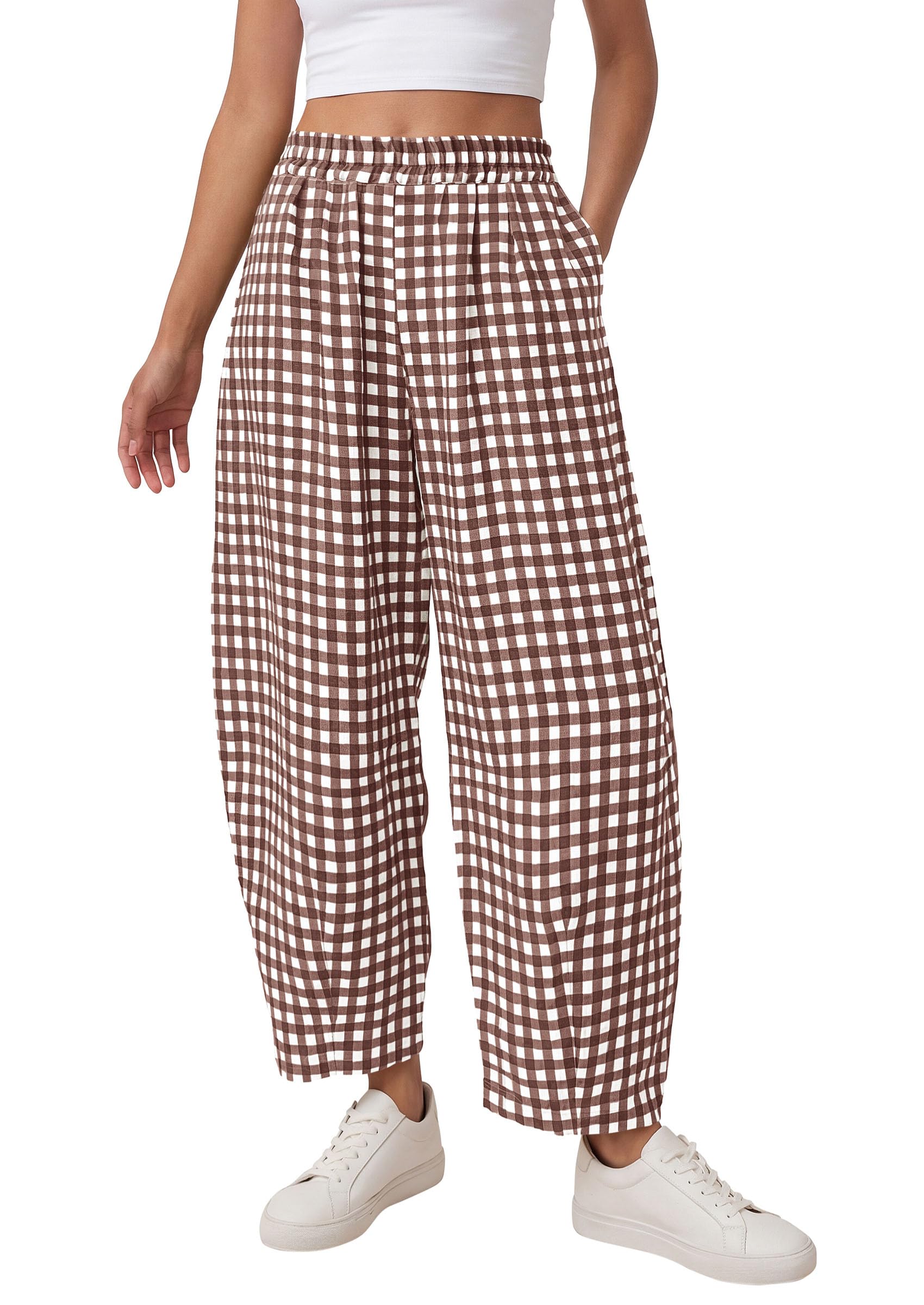 Plaid Barrel Pants Women Summer Bottoms, Brown Plaid,S