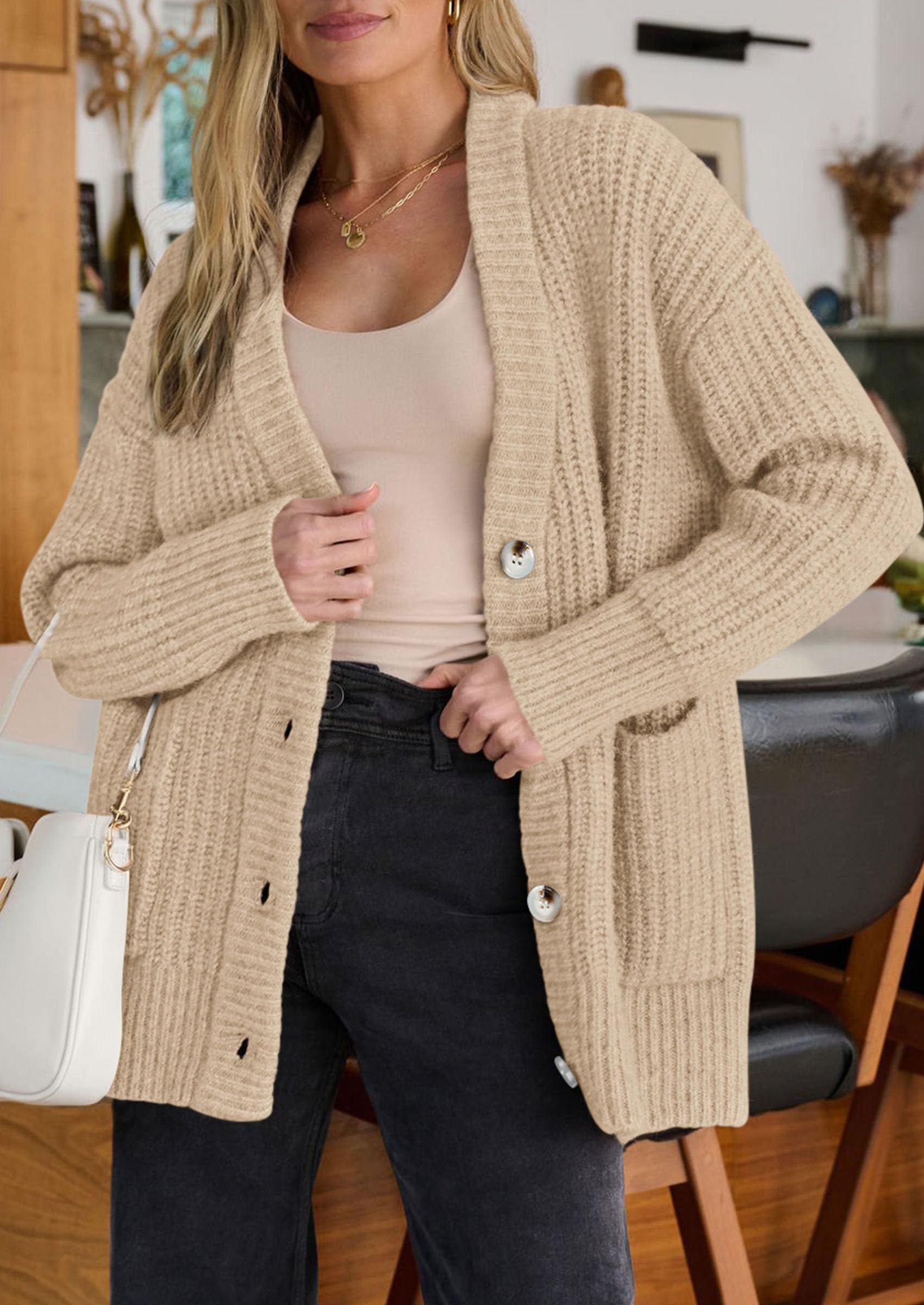 Oversized Cardigan Sweaters for Women Button Up,Khaki,S