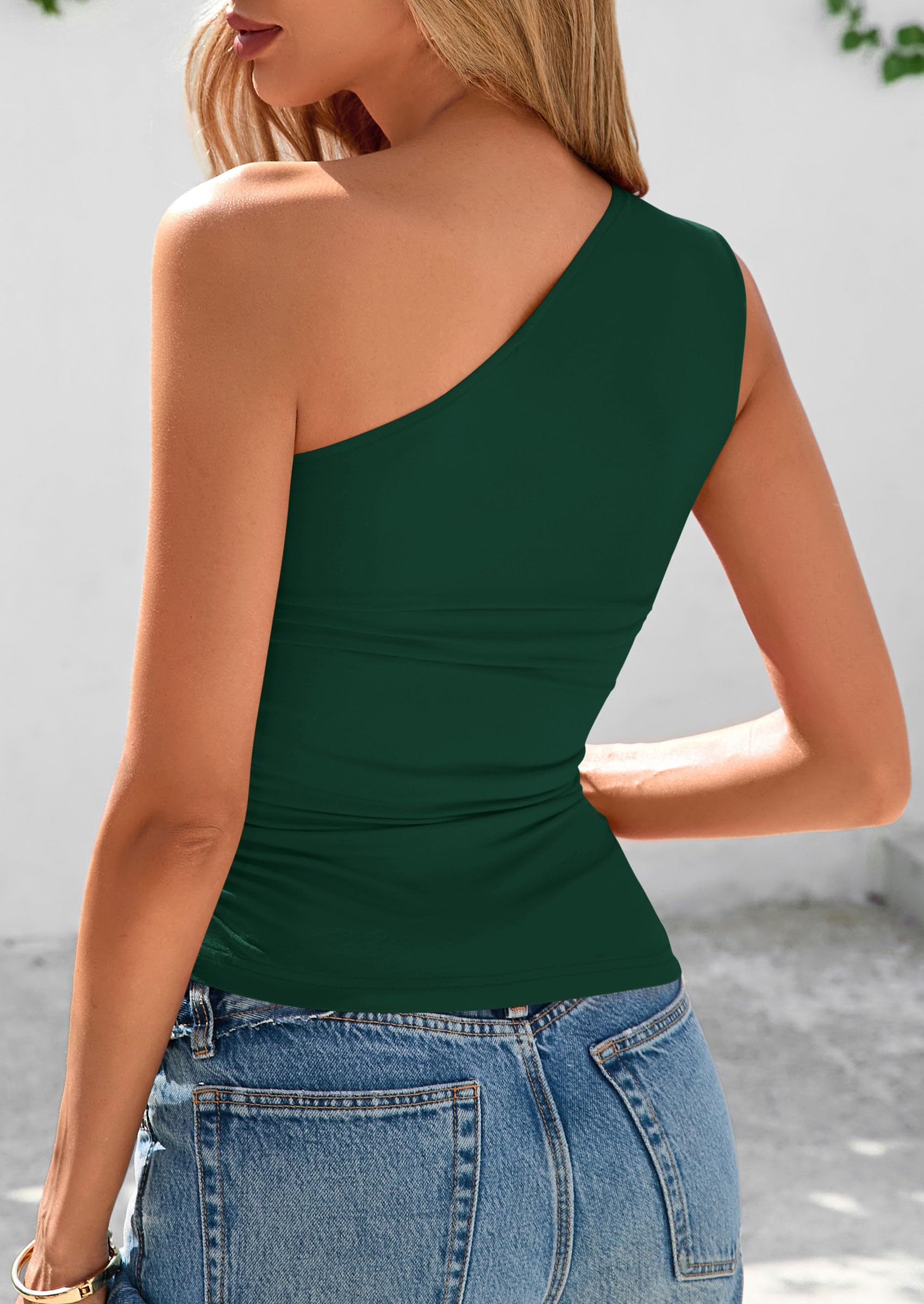 One Shoulder Summer Tops for Women,Dark Green,XS