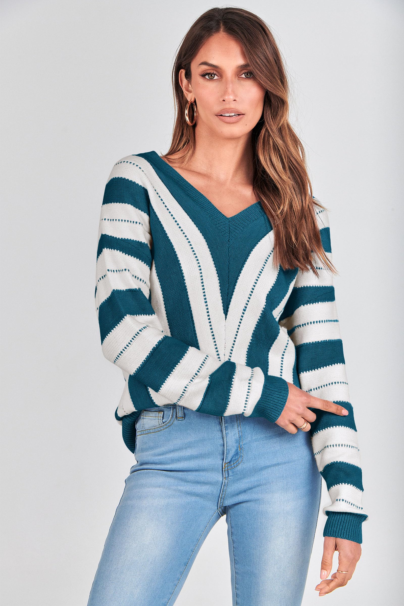 Women's V Neck Striped Knit Pullover Sweater