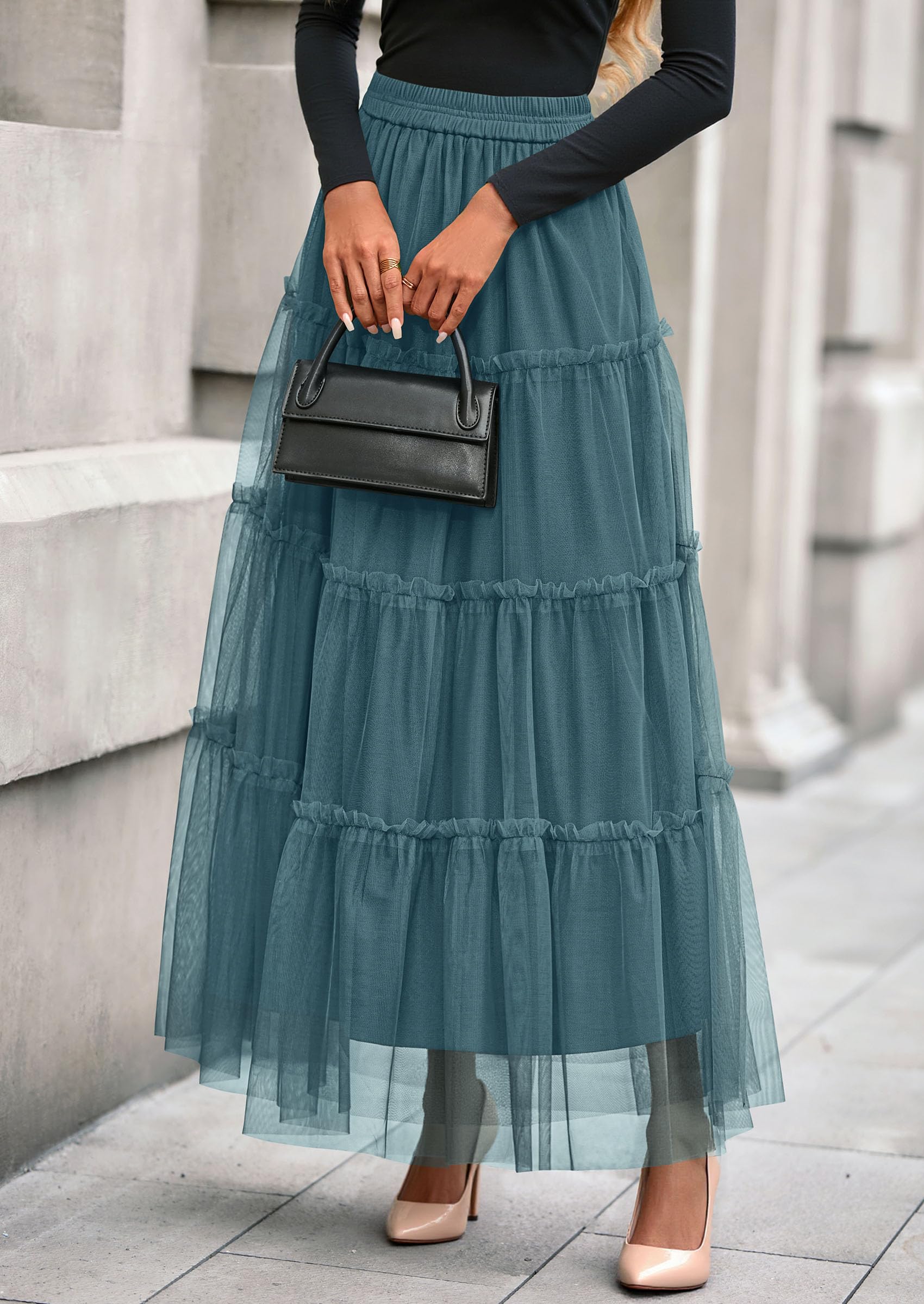 Women's Fall Soft Tulle Tiered Long Skirt,Sage Green,M