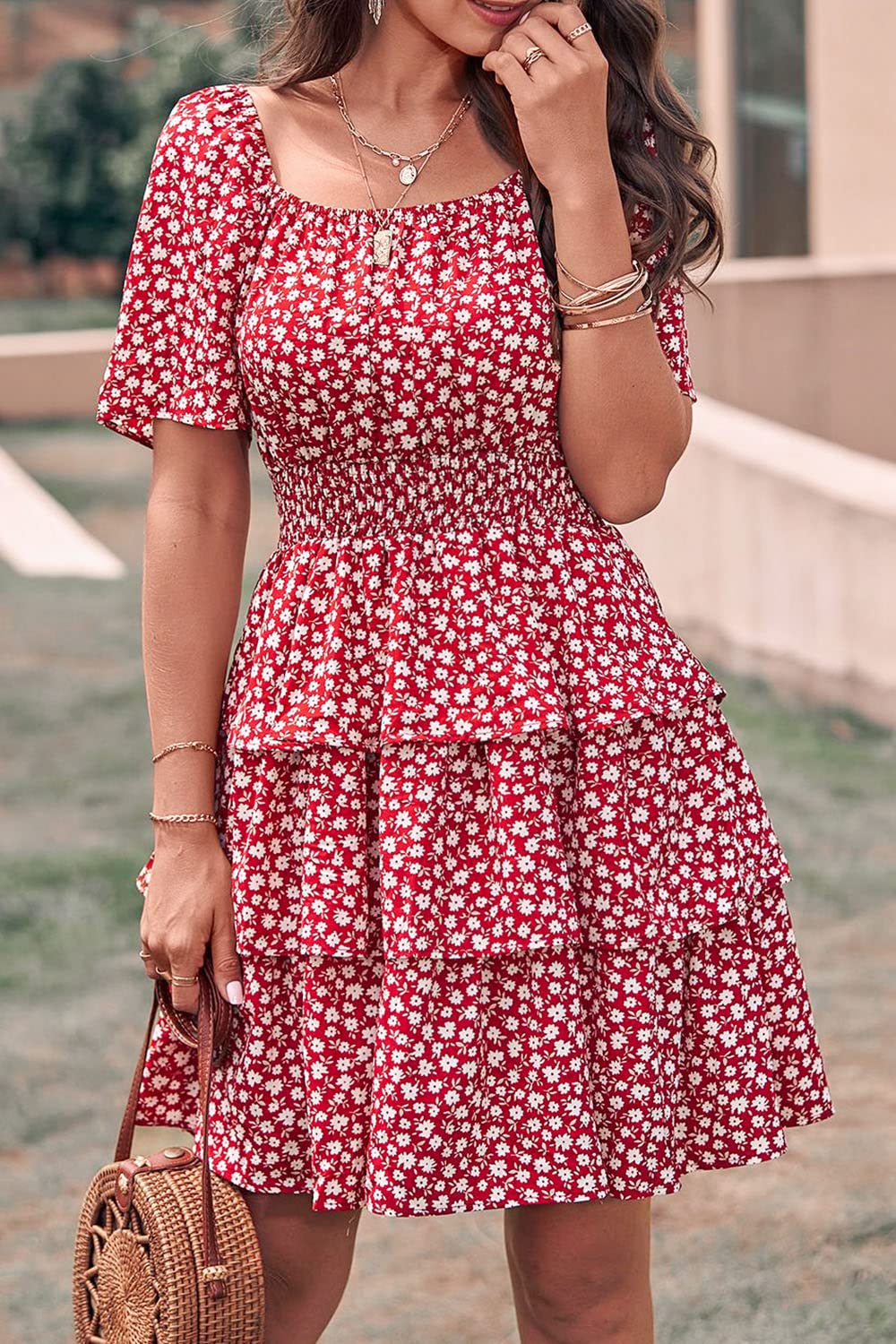 Women's Summer Floral Ruffle Short Dress Red,S