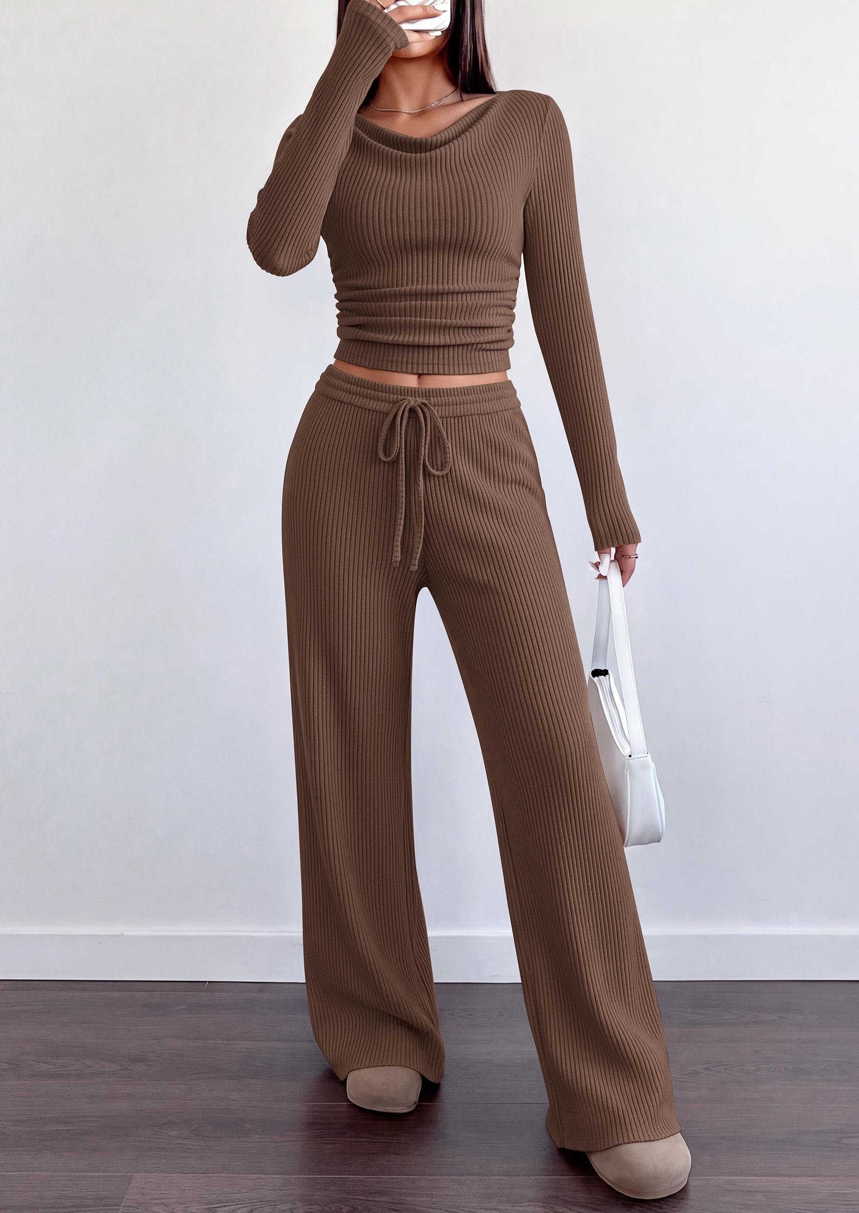 Matching Sets Women Clothing Fall Ribbed 2 Piece Lounge Set