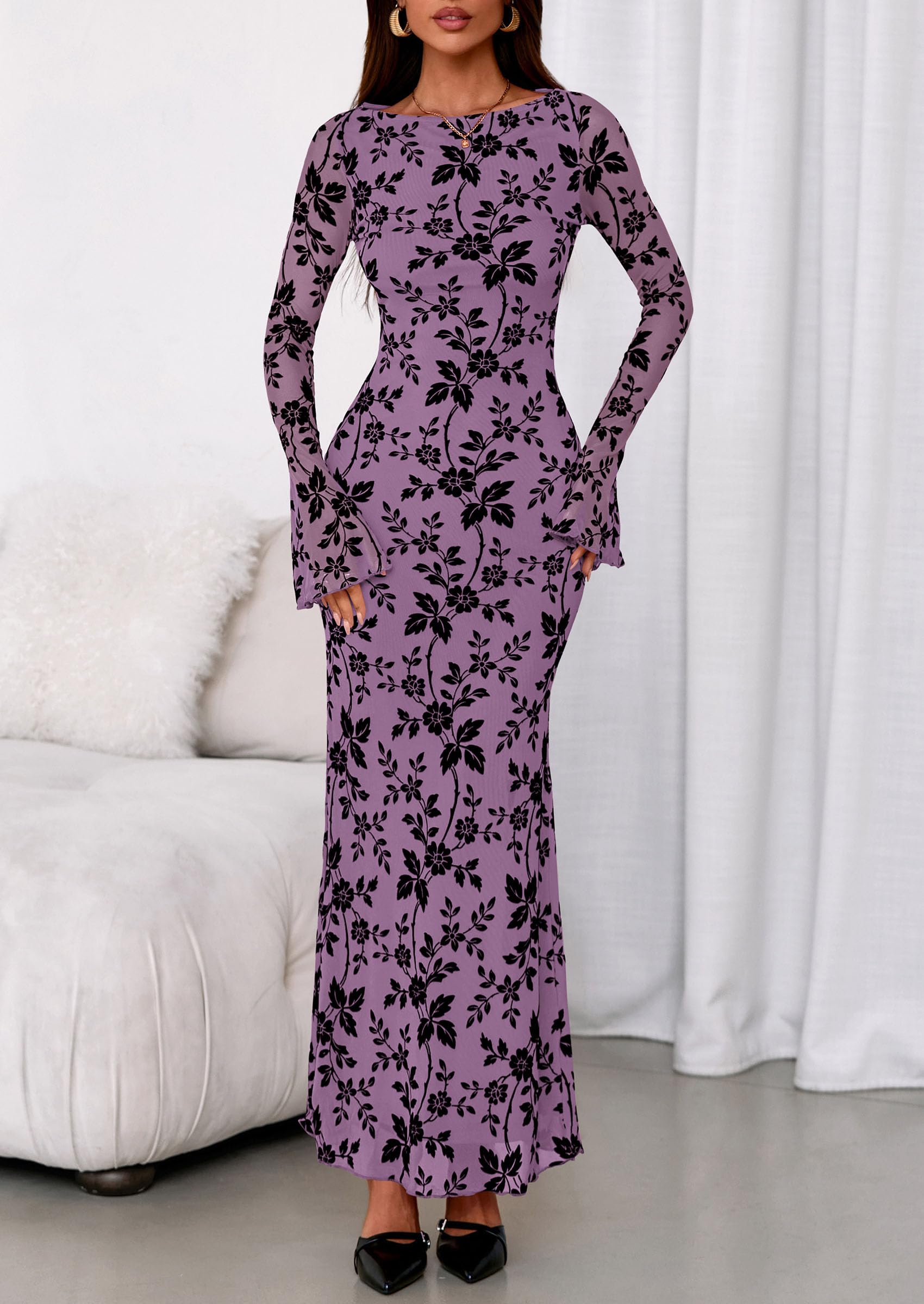 Women's Floral Bodycon Maxi Dress Wedding Guest Dresses Purple