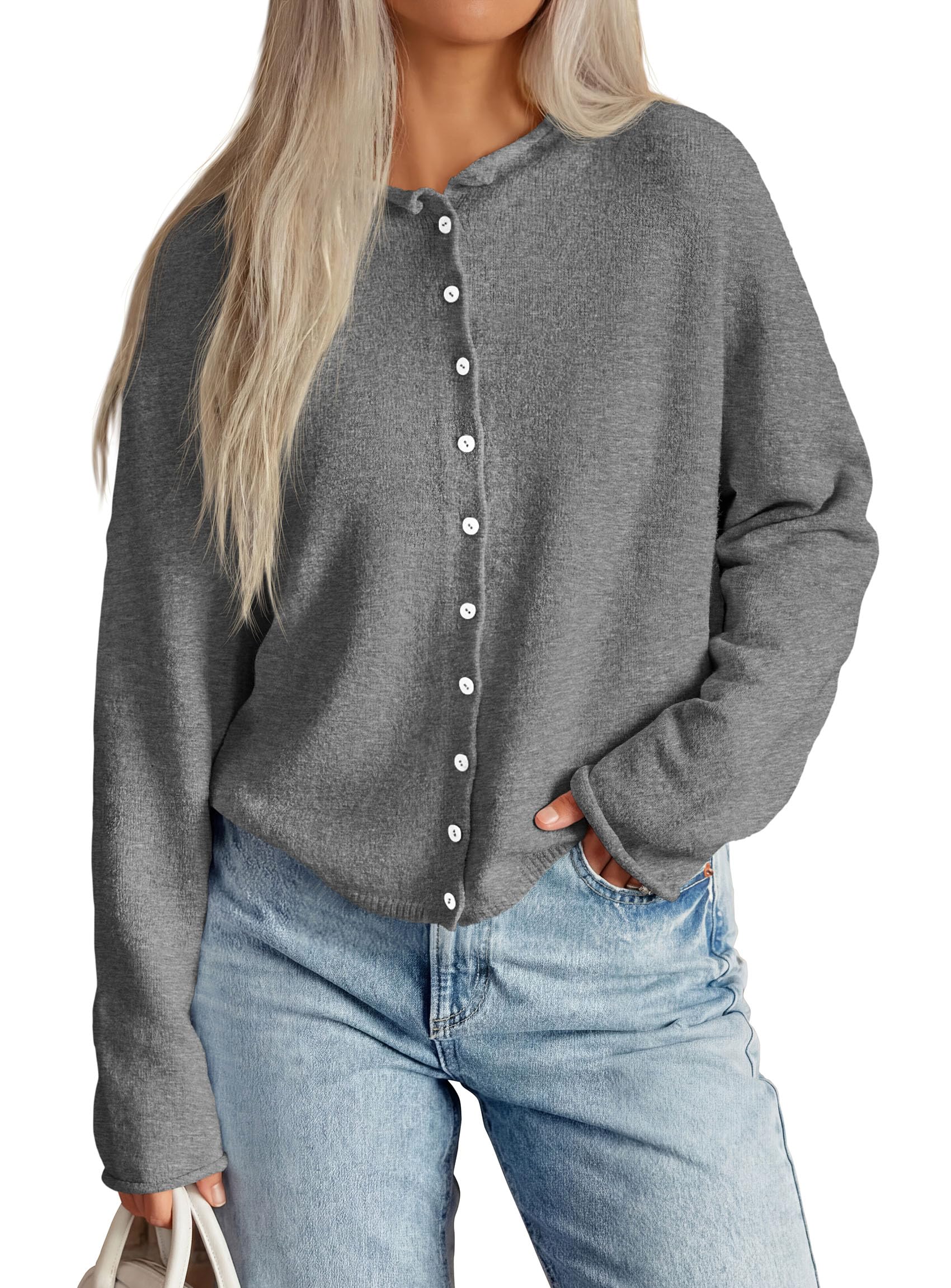 Button Up Cardigan for Women Knit Oversized Fall Sweaters Grey