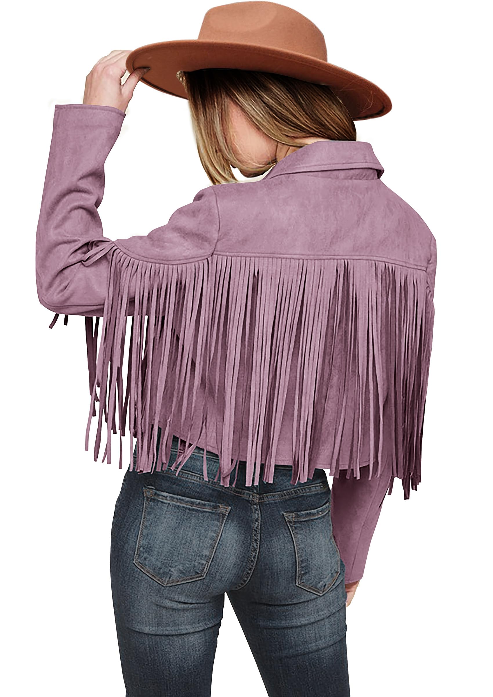 Women's Fringe Faux Suede Leather Jackets,Purple,S