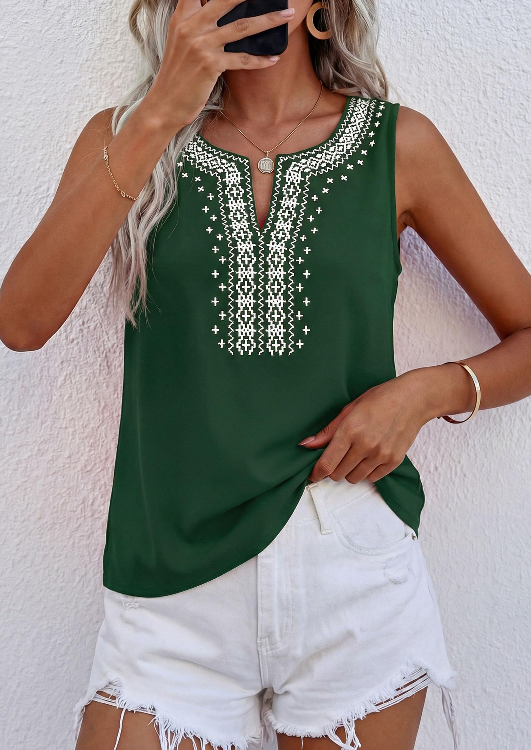 Womens Embroidered Sleeveless Tank Tops Dark Green,S