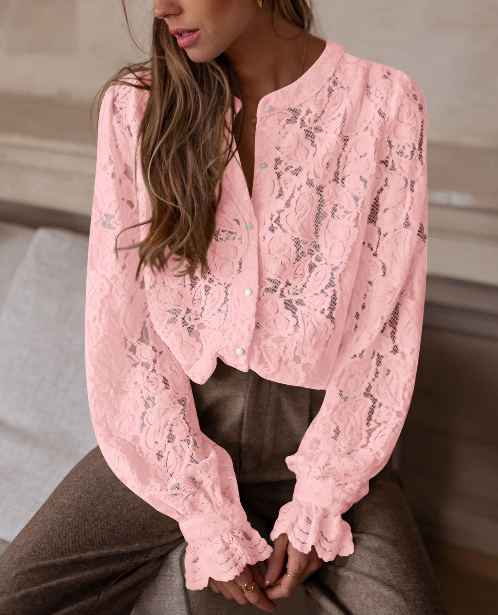 Women's Fall Trendy Long Sleeve Lace Tops(Pink,Small)