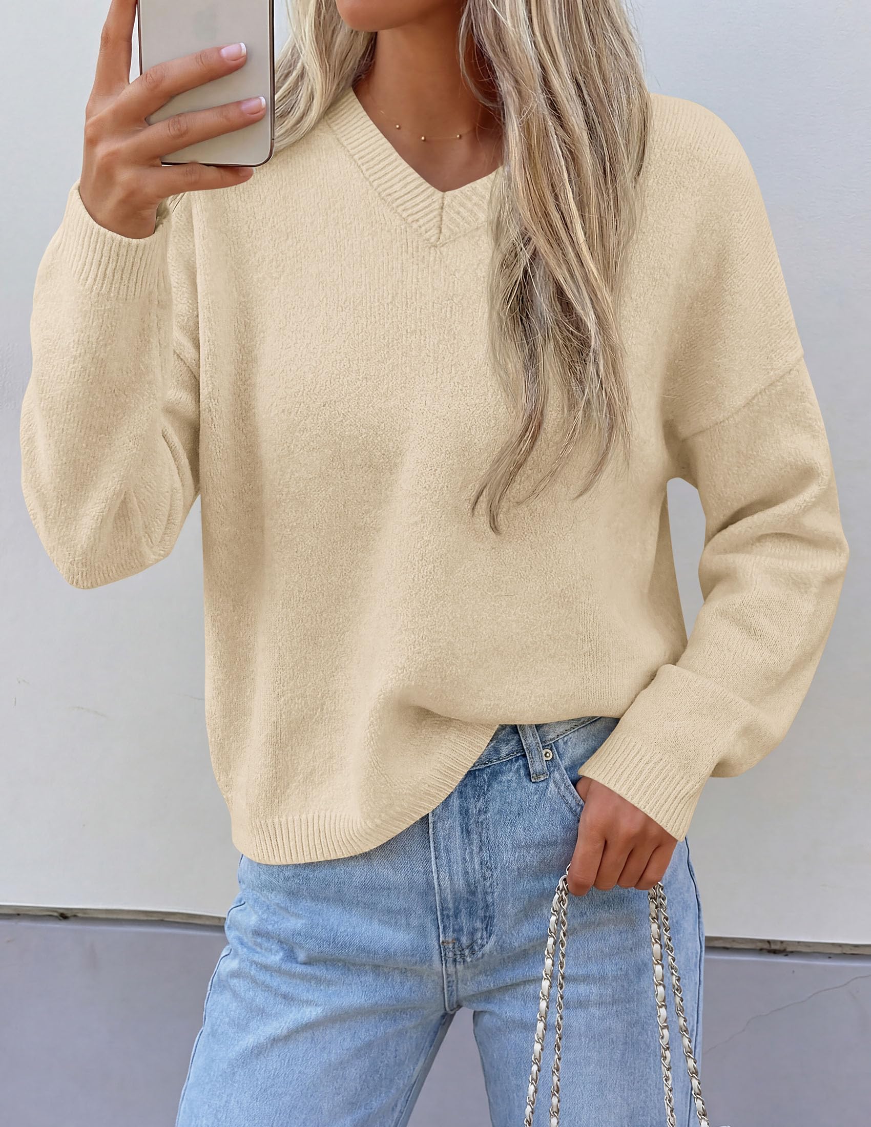 Women's Cozy Sweaters Fall Fashion V Neck Tops Beige,M