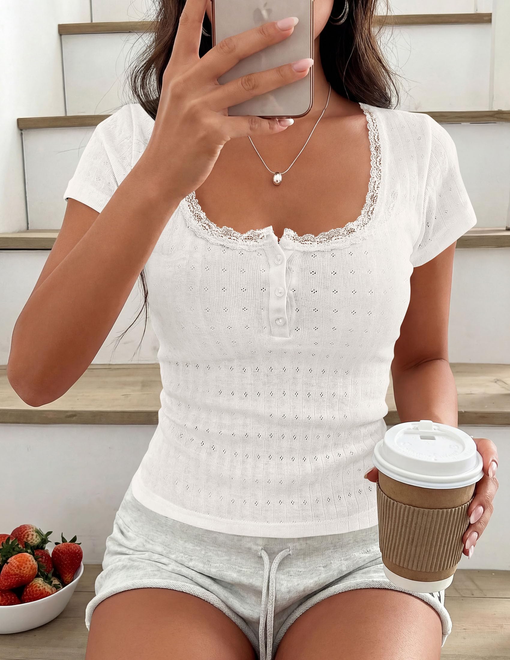 Womens Summer Lace Trim Short Sleeve Henley Top,White,S
