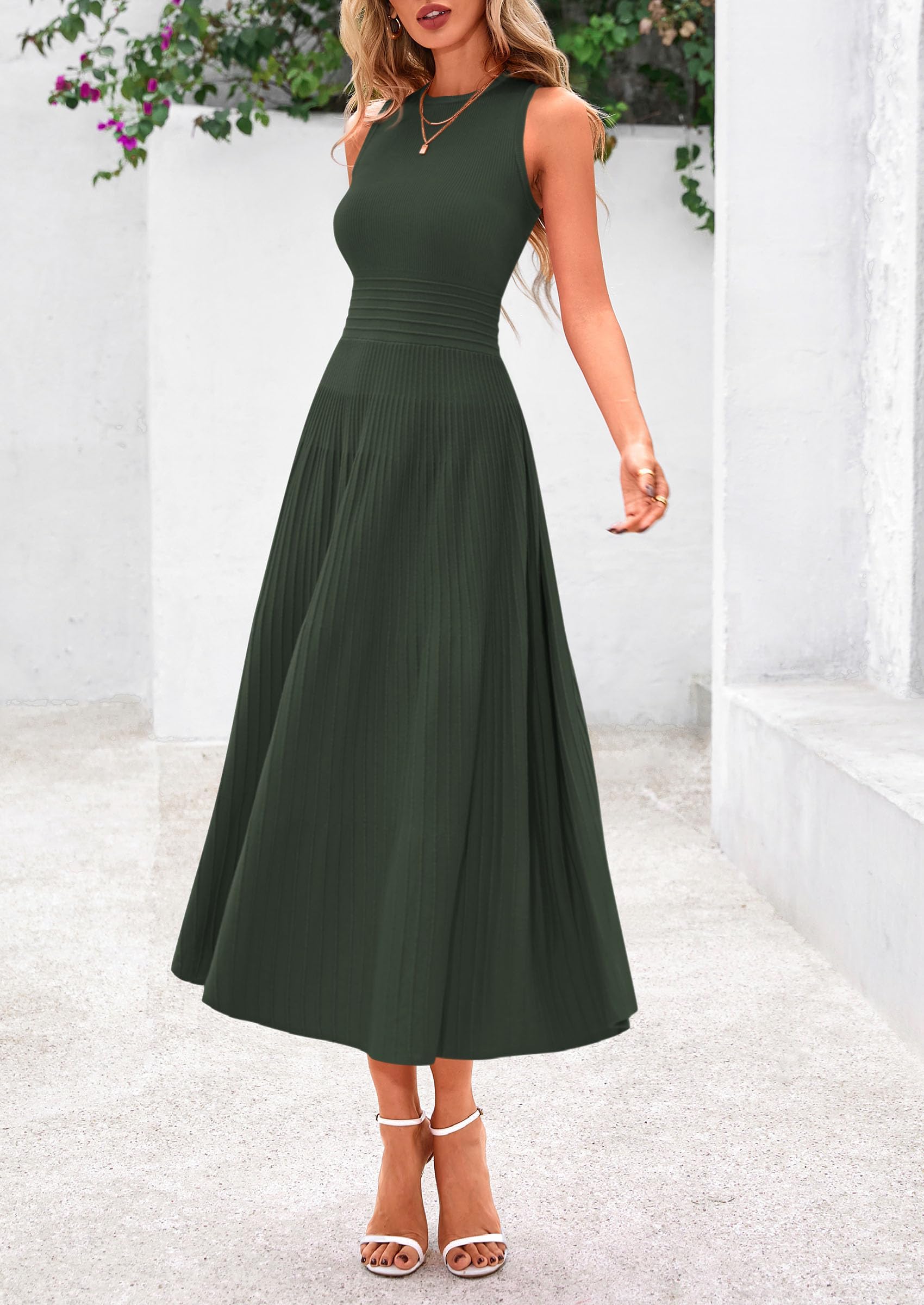 Women's Summer Pleated Midi Work Dress,Army Green,S