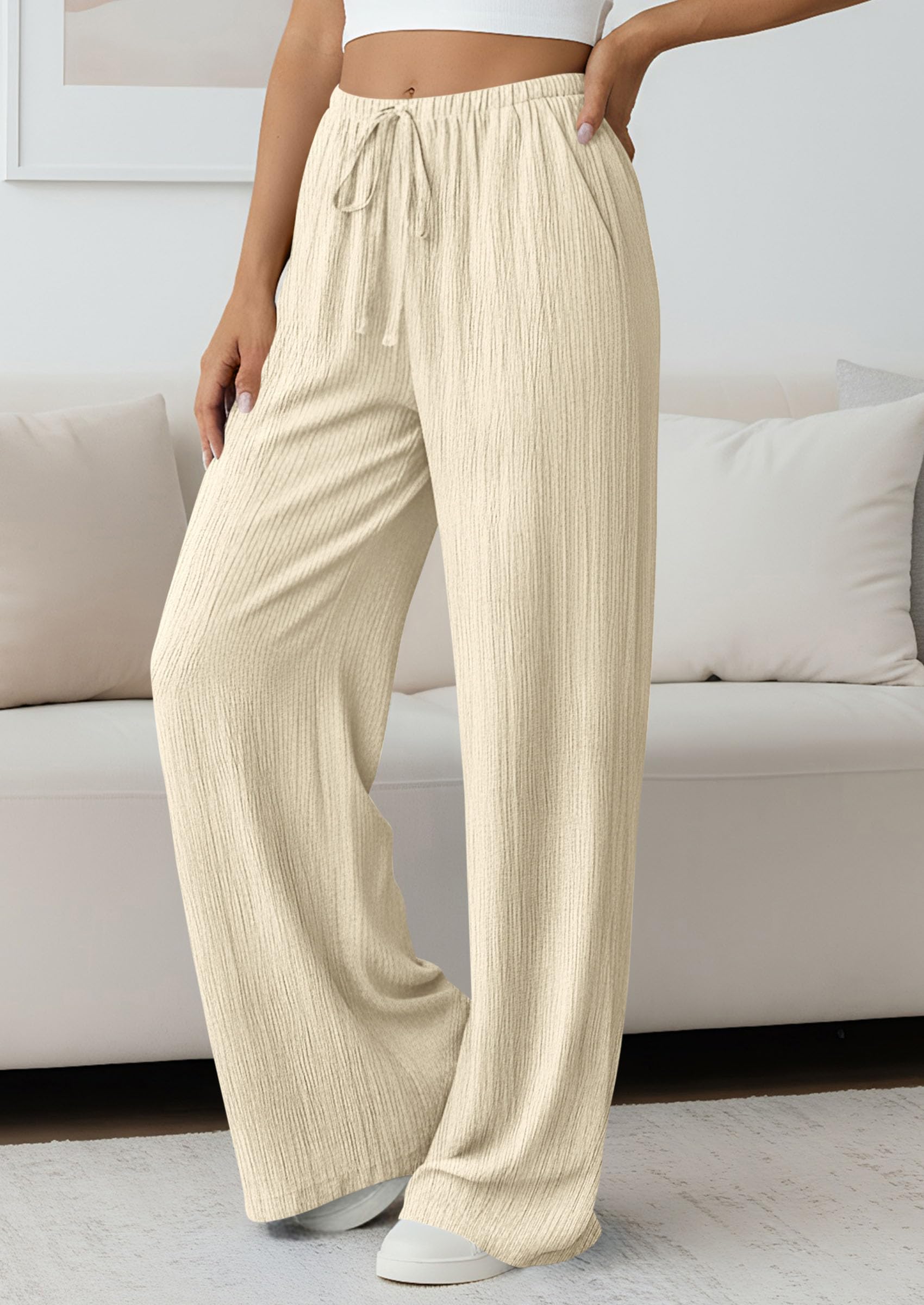 Women's Palazzo Pants Casual Wide Leg Trousers,Beige,S