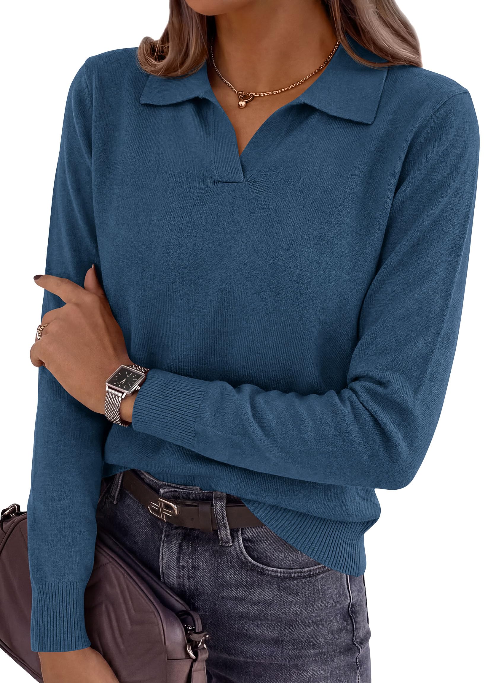 Womens Long Sleeve Collared Polo Sweater,Navy Blue,S