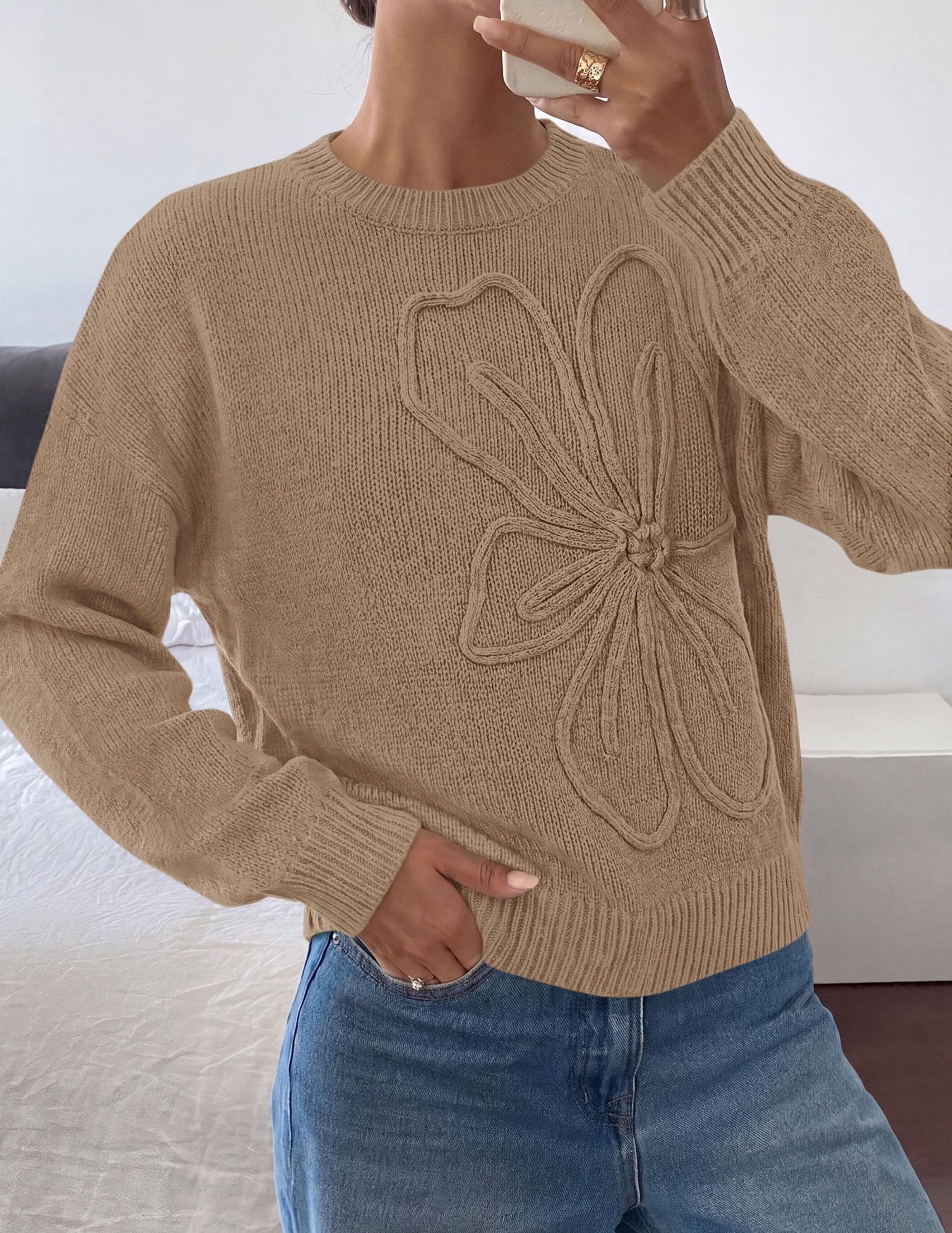 Women's Oversized 3D Floral Knit Sweater,Grey Khaki,S