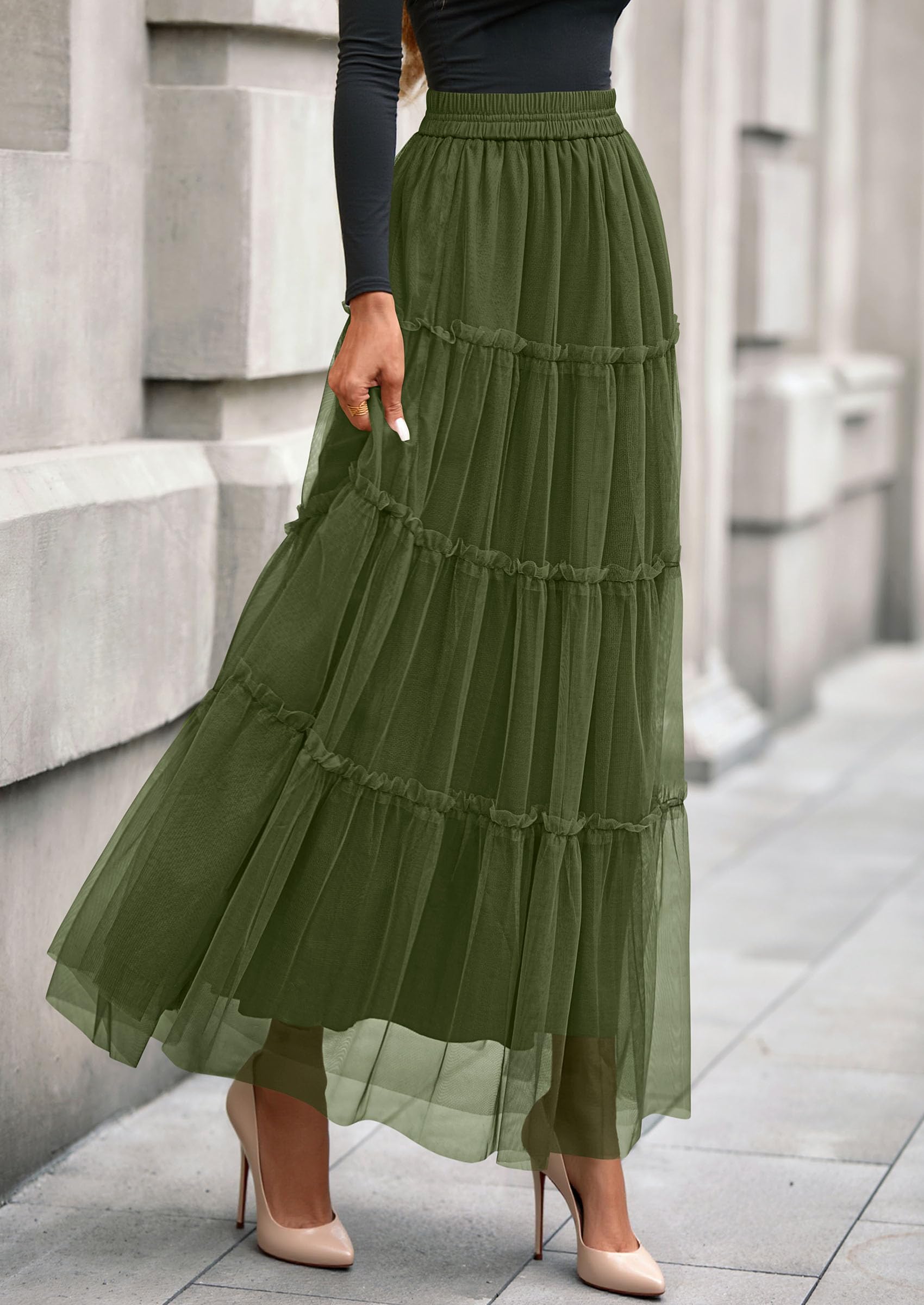 Women's Fall Soft Tulle Tiered Long Skirt,Army Green,S