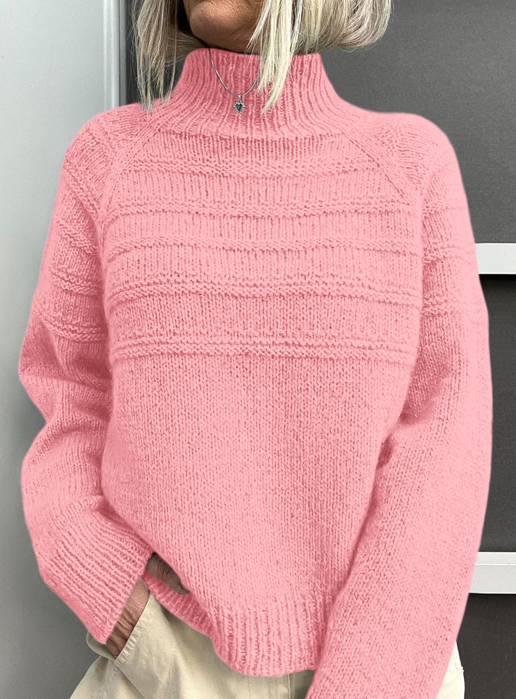 Women's Chunky Knit Mock Neck Pullover Sweaters,Pink,S