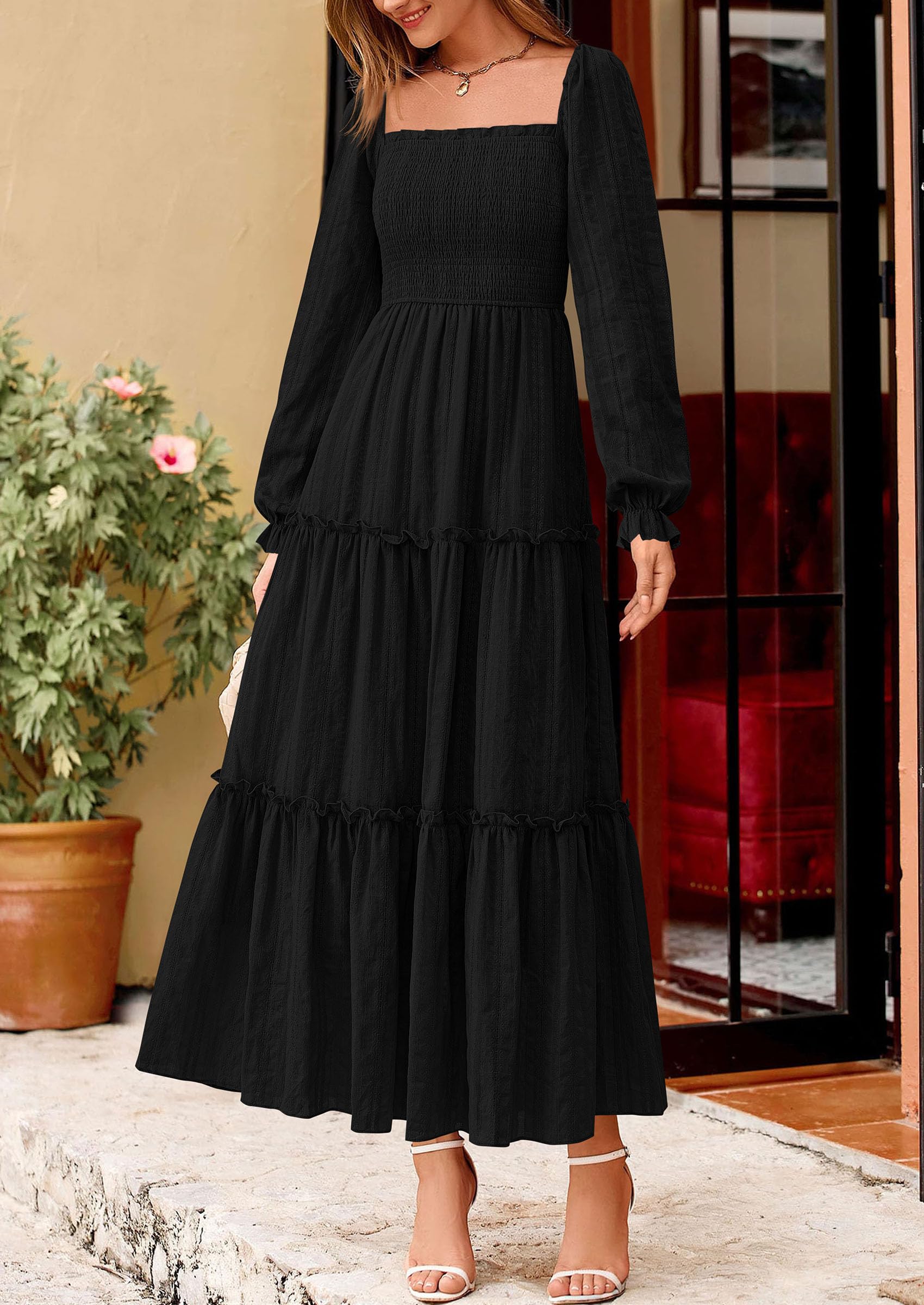 Women's Long Sleeve Ruffle Flowy Maxi Dress,Black,S