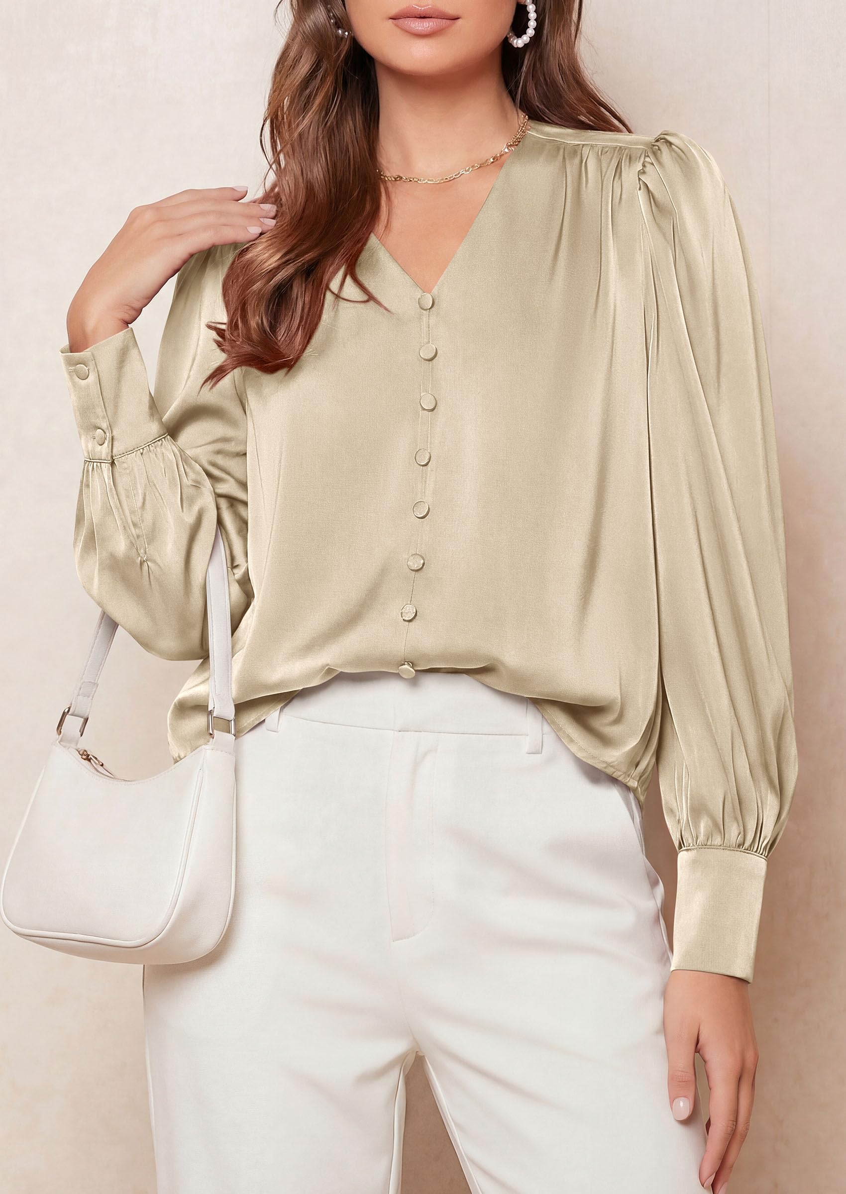 Womens Long Sleeve Satin Blouses Silk Business Casual Outfits