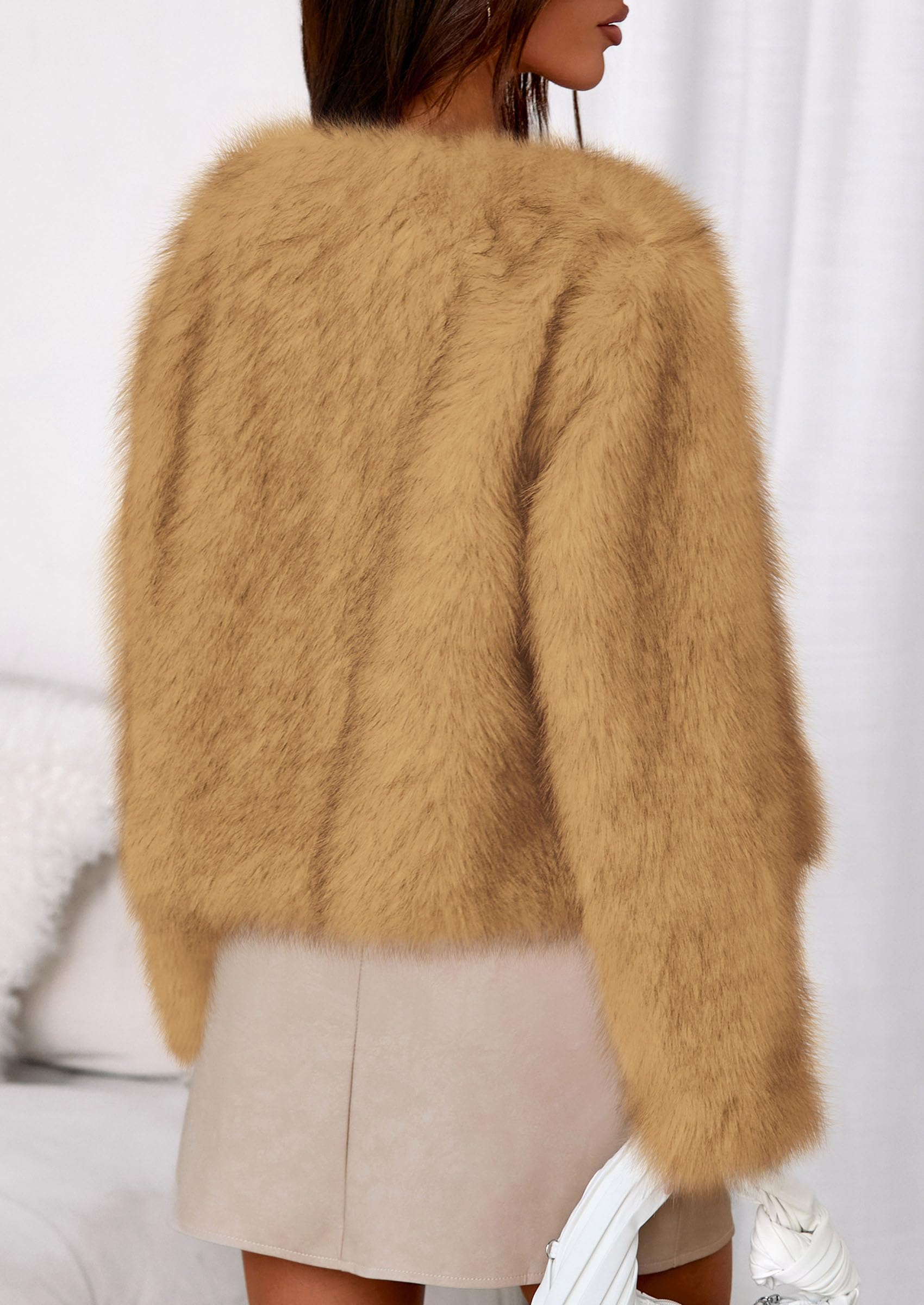 Womens Winter Coats Open Front Faux Fur Jacket,Yellow,XXL