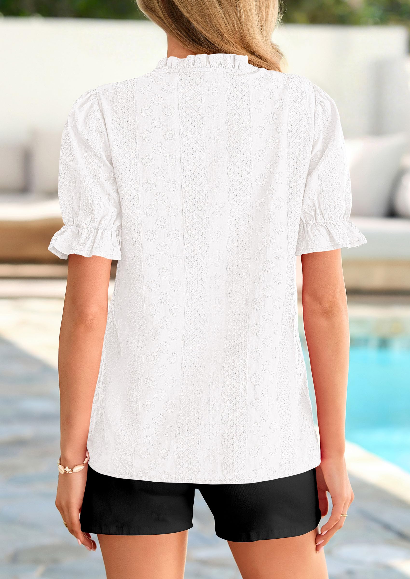 Womens Embroidered Puff Short Sleeve Tops,White,M