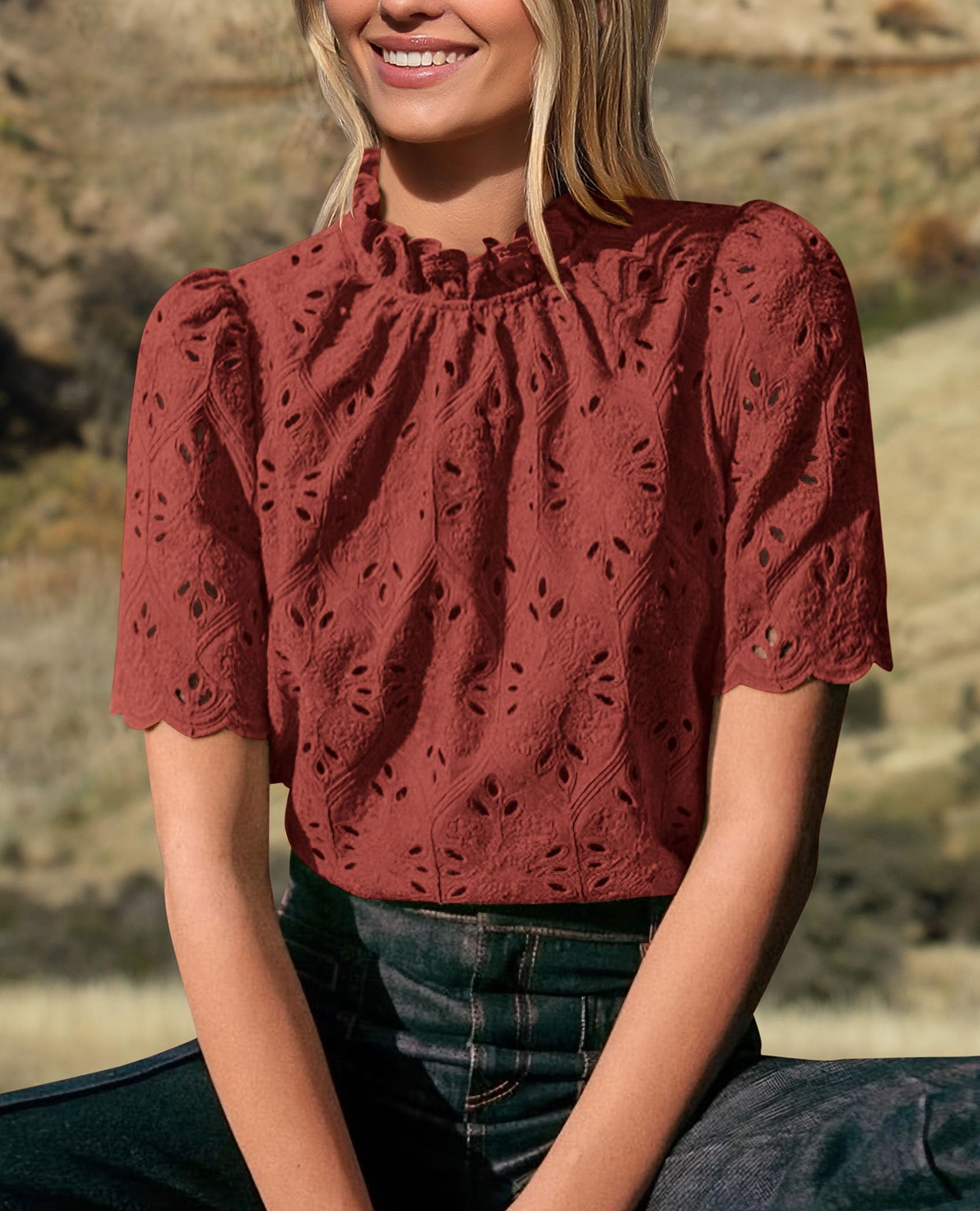Women Summer Tops Eyelet Embroidered Shirts,Brown Red,XS