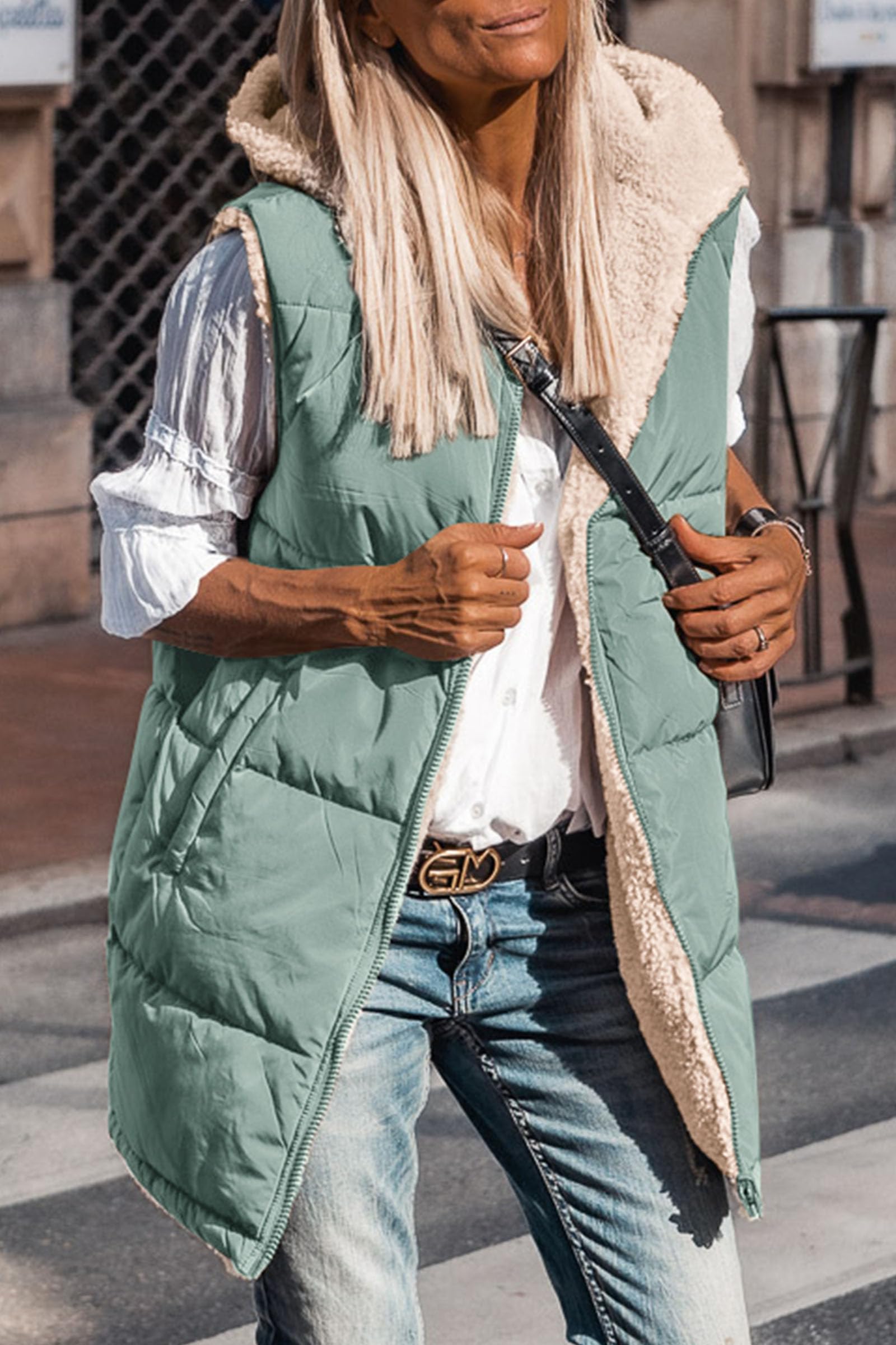 Women's Winter Reversible Fleece Long Vests(Grey Green,S)