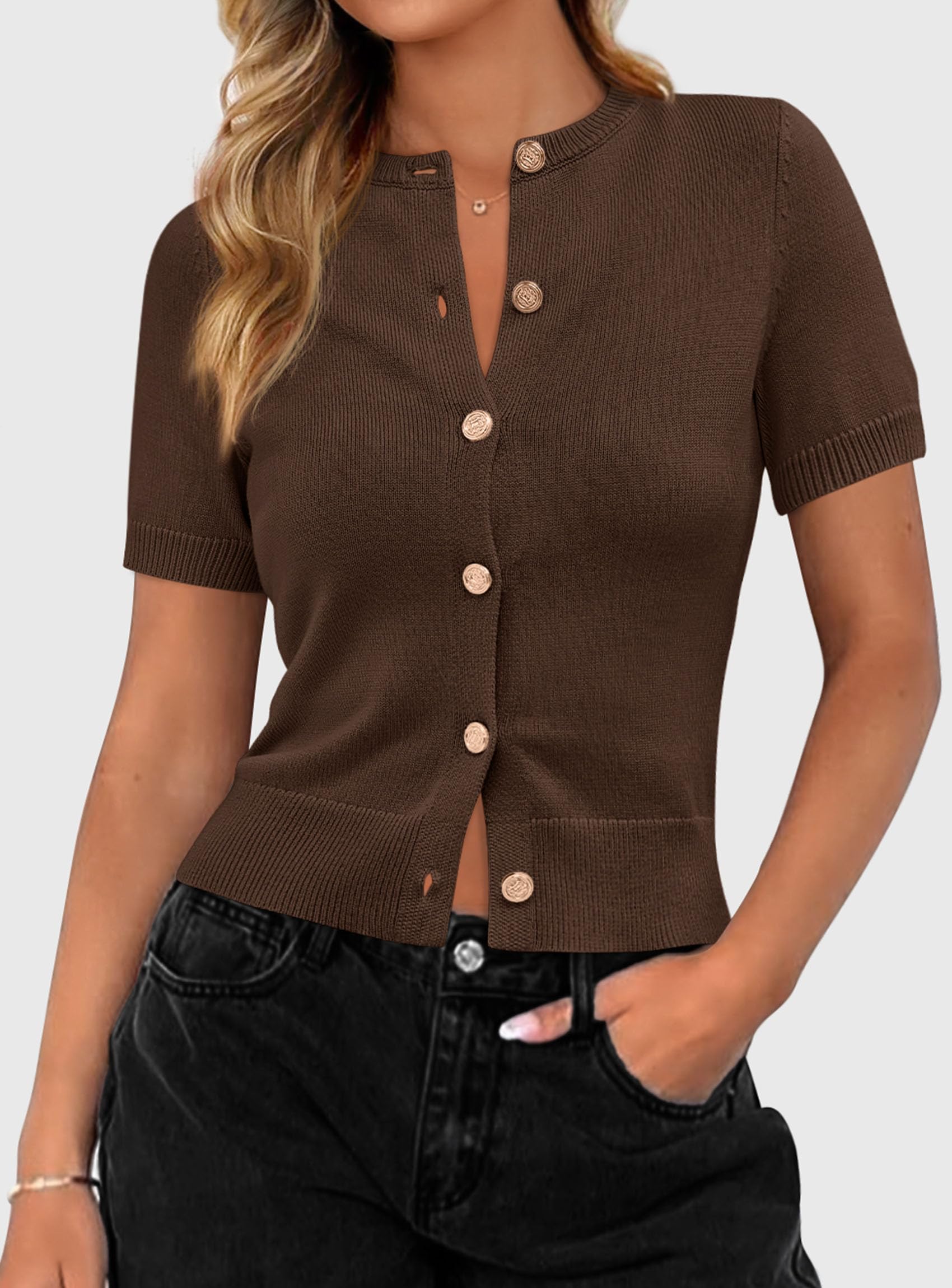 Womens Summer Cardigan Short Sleeve Sweater,Dark Brown,S