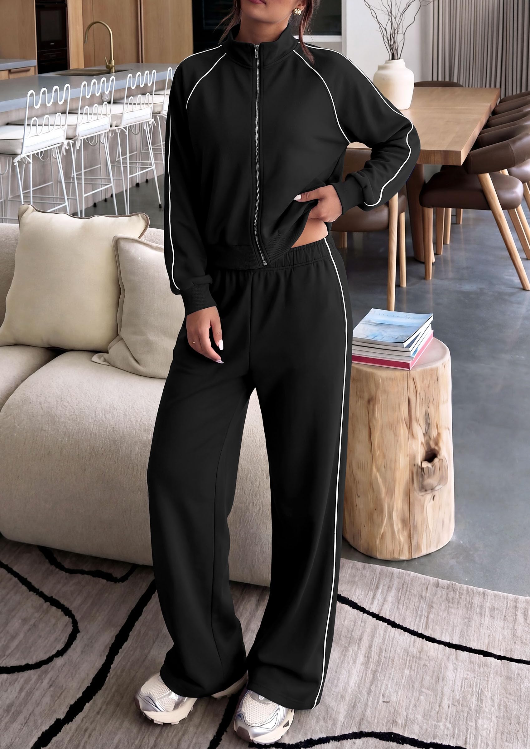 Women's 2 Piece Sweat Set Casual Fall Outfits,Black,S