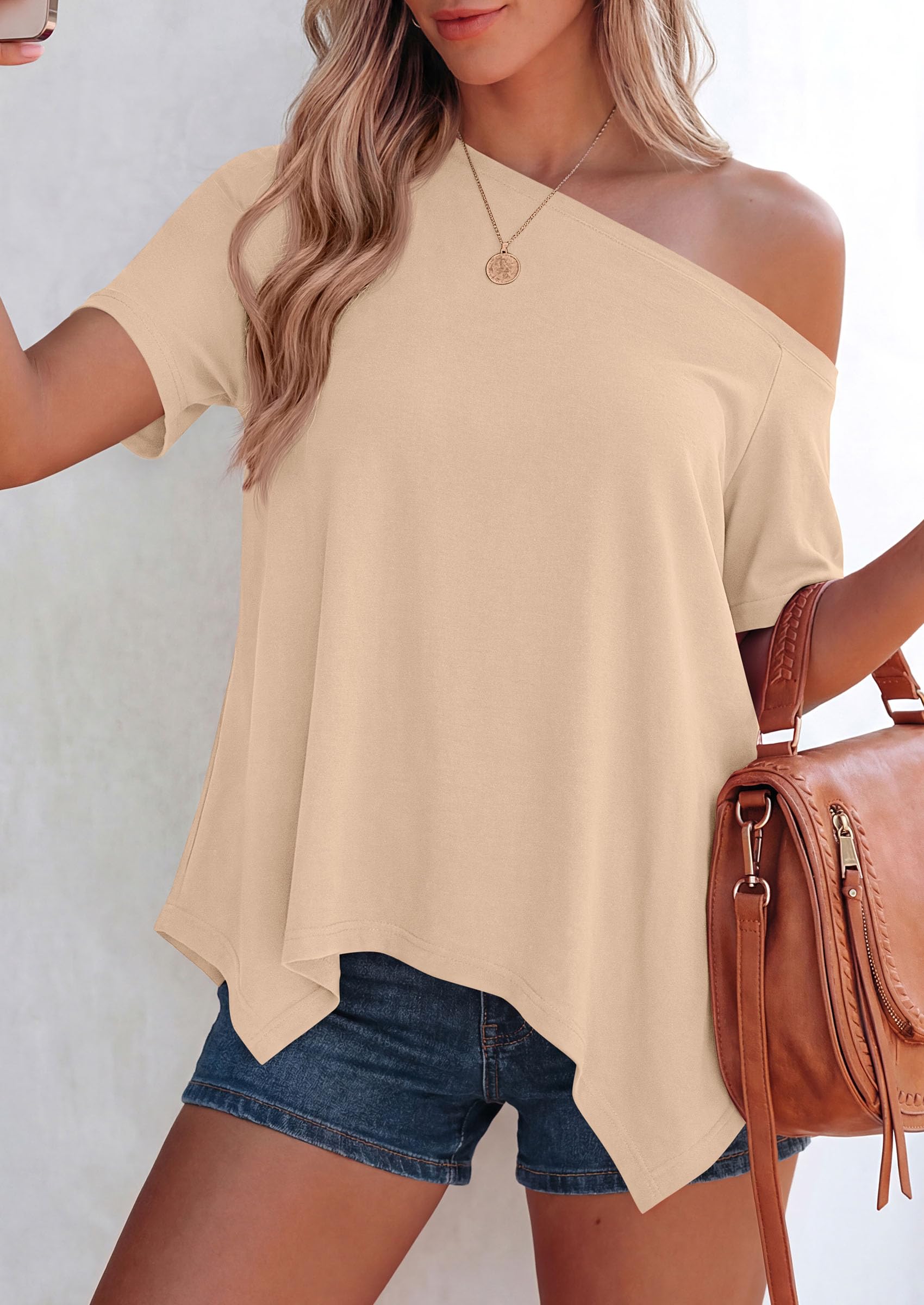 Off Shoulder Tops for Women Oversized Tshirts, Beige,M