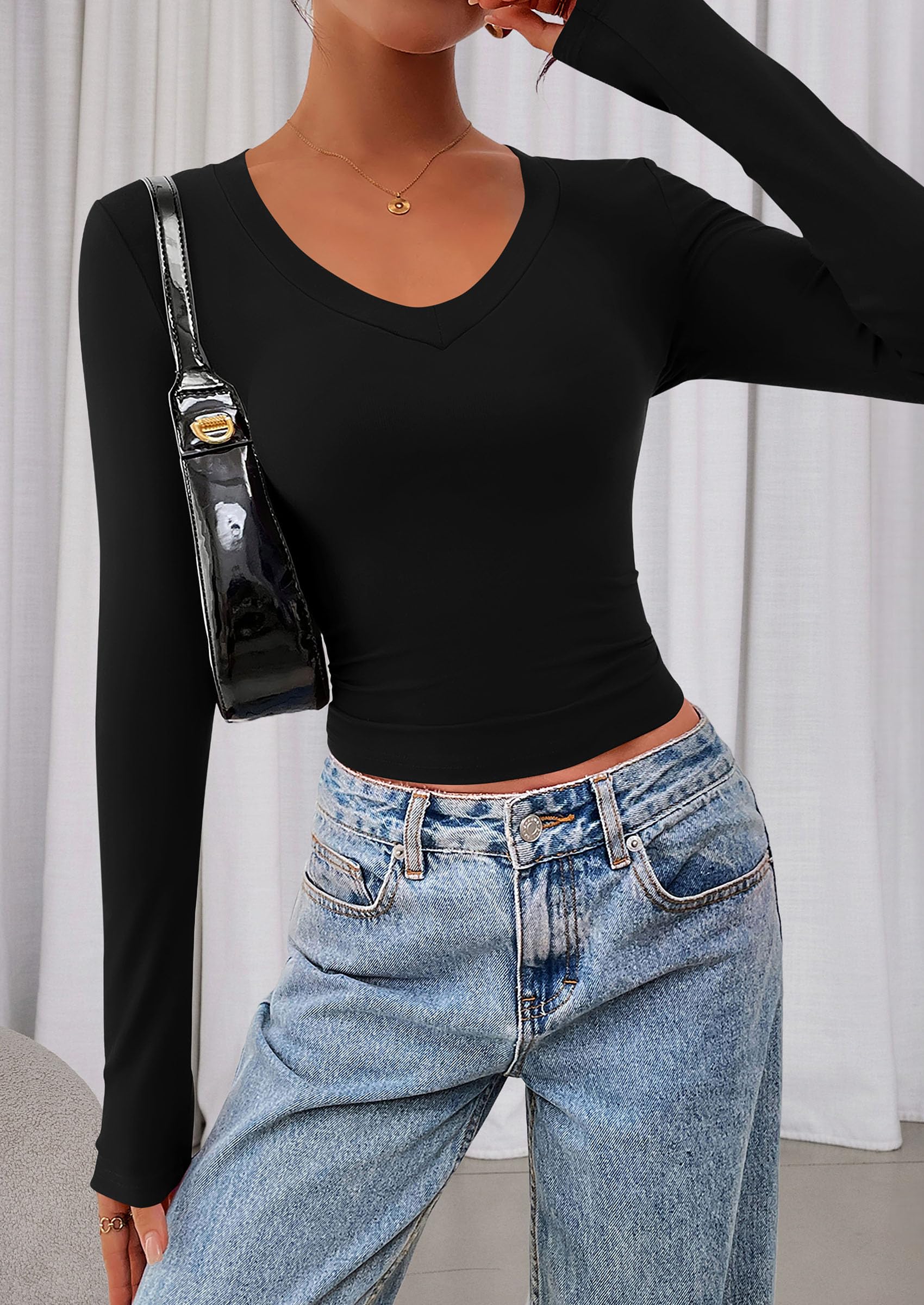 Womens Long Sleeve Slim Fit Crop Tops,Black,XS