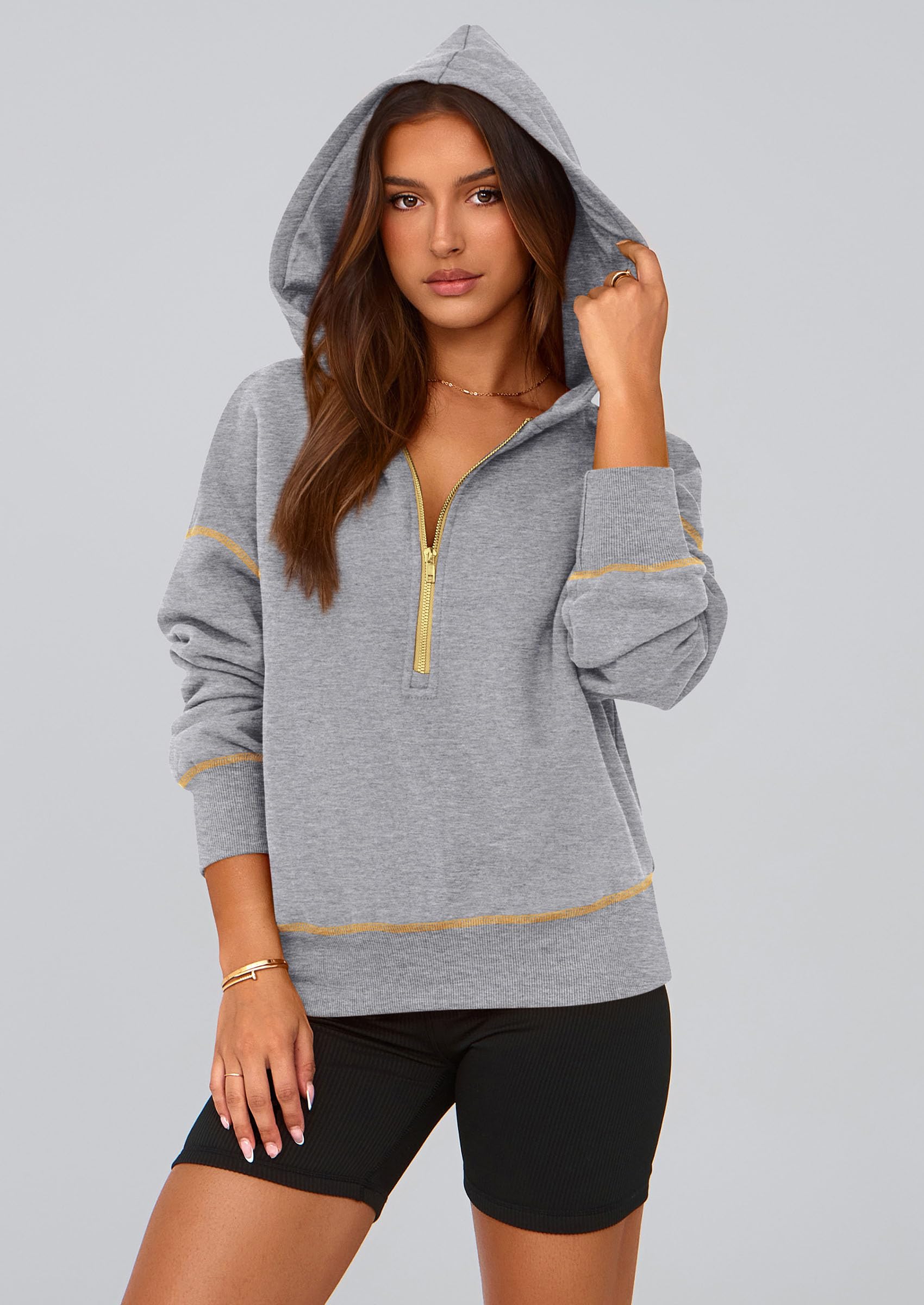 Women's Fall Half Zip Cropped Hoodie Sweatshirt Grey