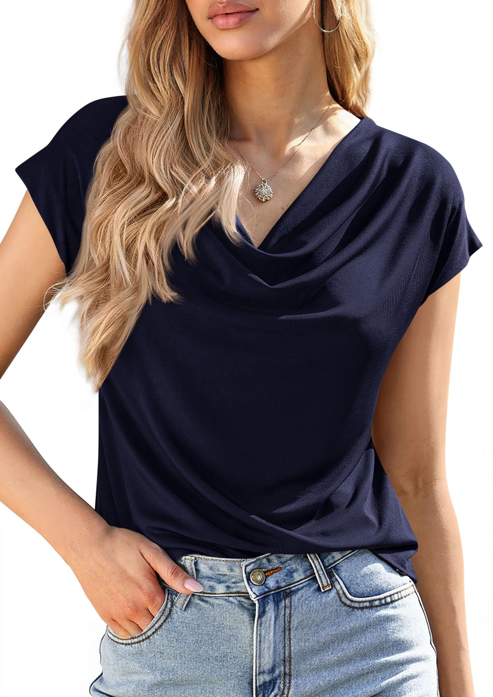 Womens Tops Dressy Business Casual Work Blouses, Navy Blue,XS