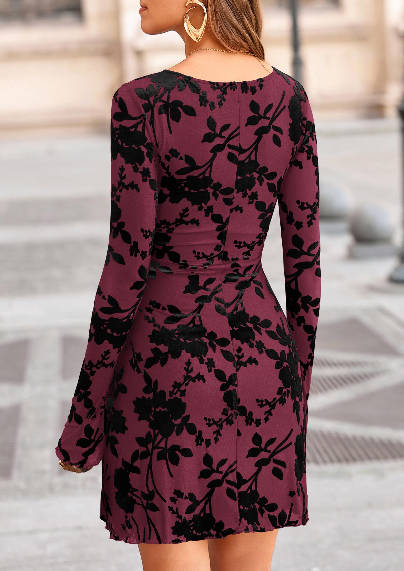 Women's Fall Floral Long Sleeve Mini Dress (Red,XS)