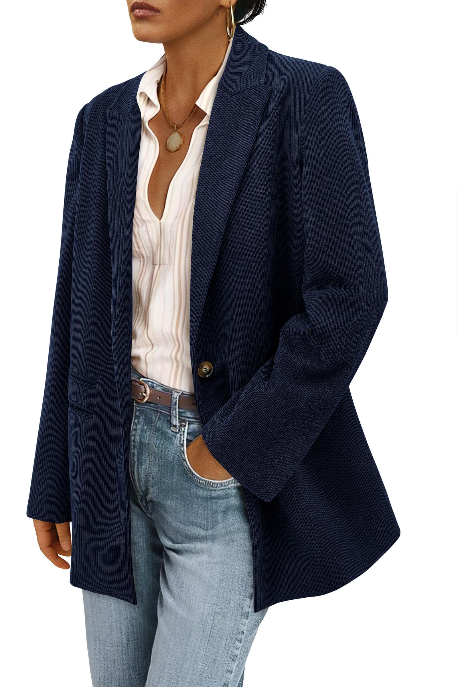 Women's Winter Corduroy Blazers Jackets (Navy,S)