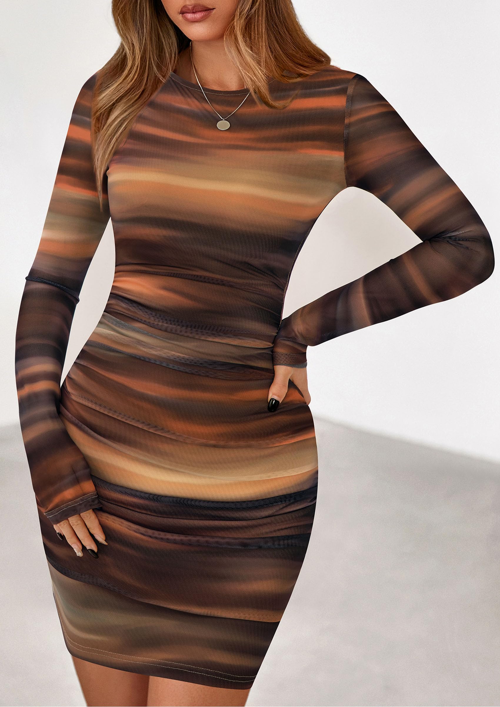 Mesh Mini Dresses for Women Long Sleeve Brown Floral,L