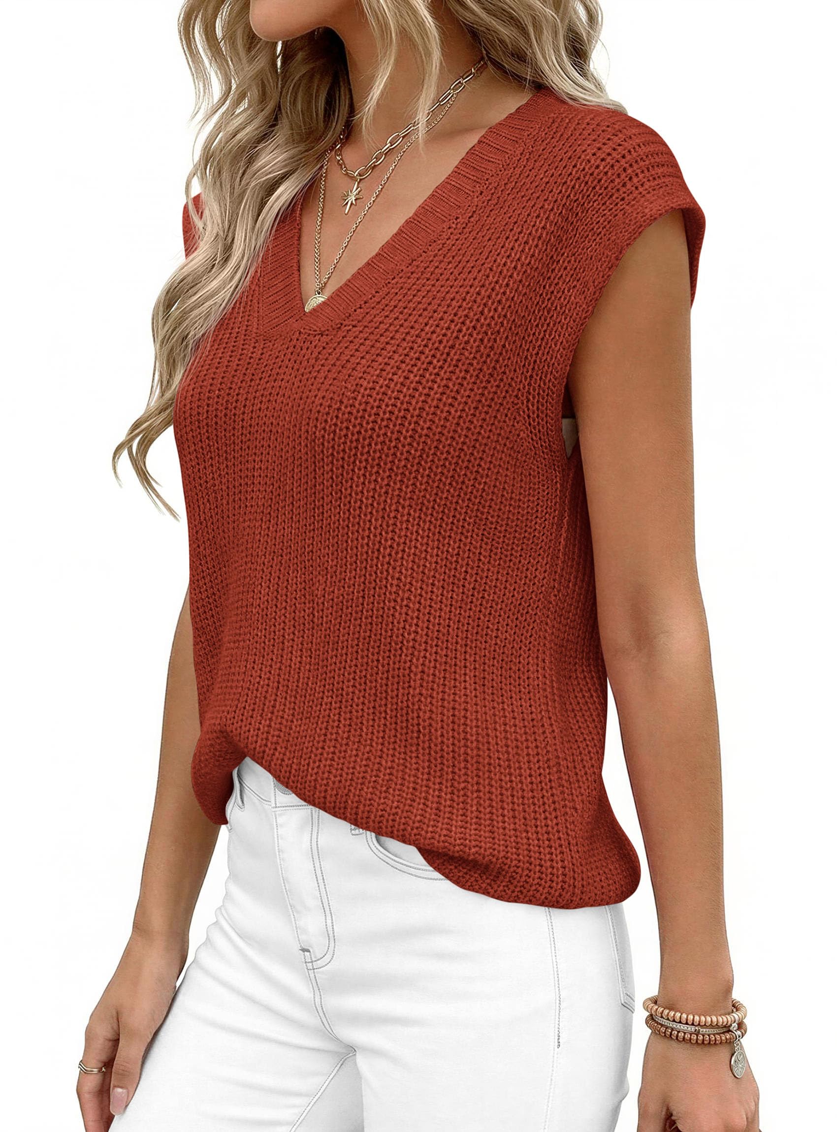 Women's Cap Sleeve Sweaters Vest Summer Tops (Rust Red,S)