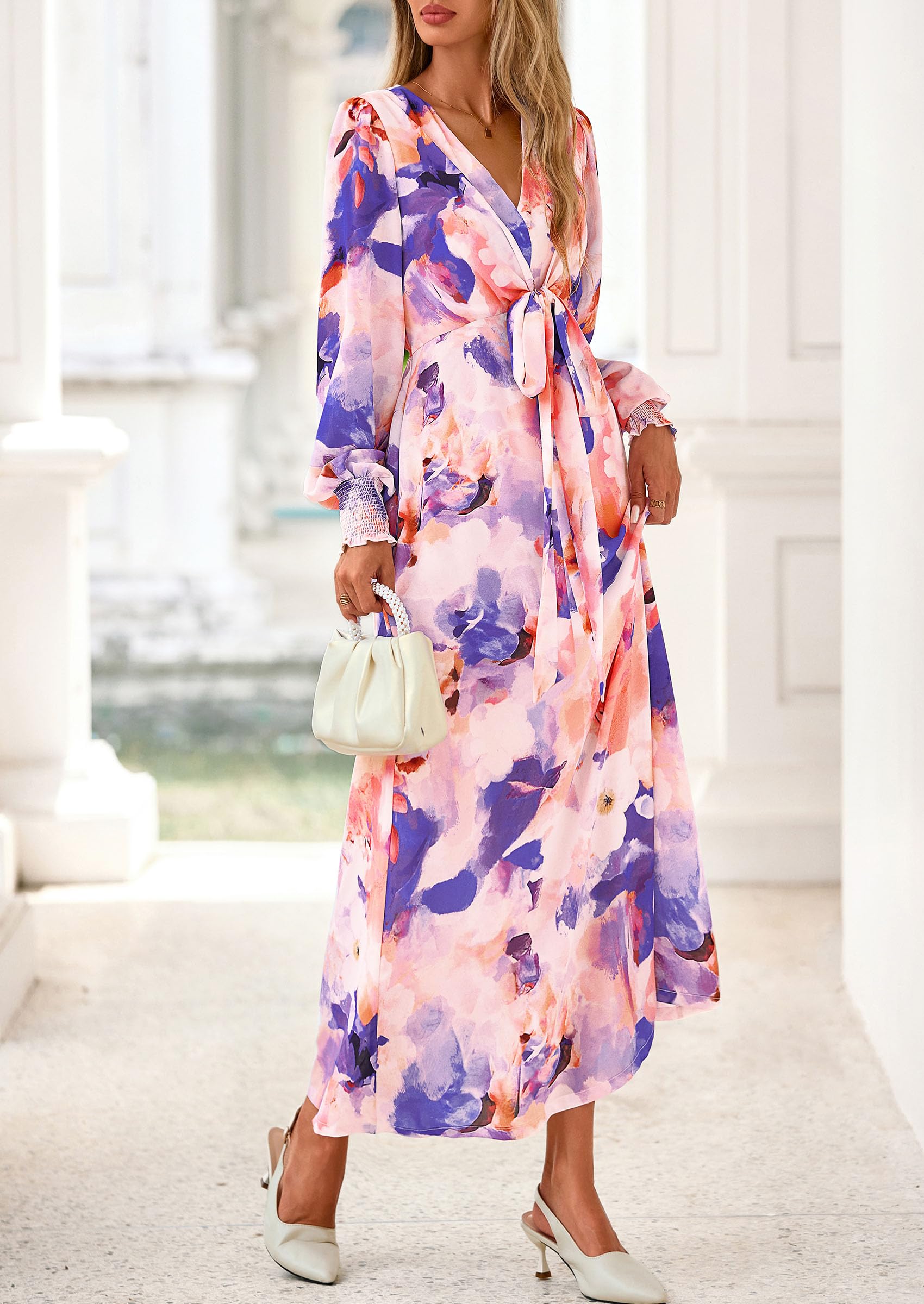 Women's Tie Waist Floral Maxi Dress,Floral Multicolored,S