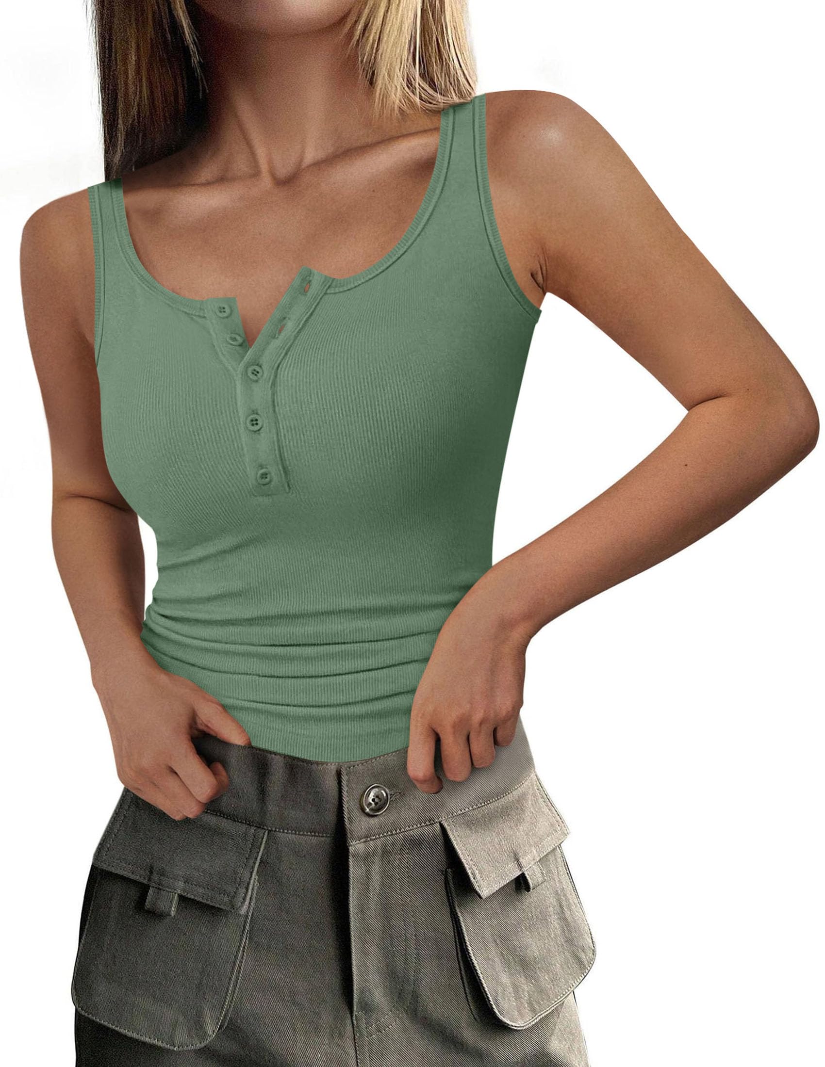 Womens Button Up Sleeveless Henley Tank Tops,Grey Green,S