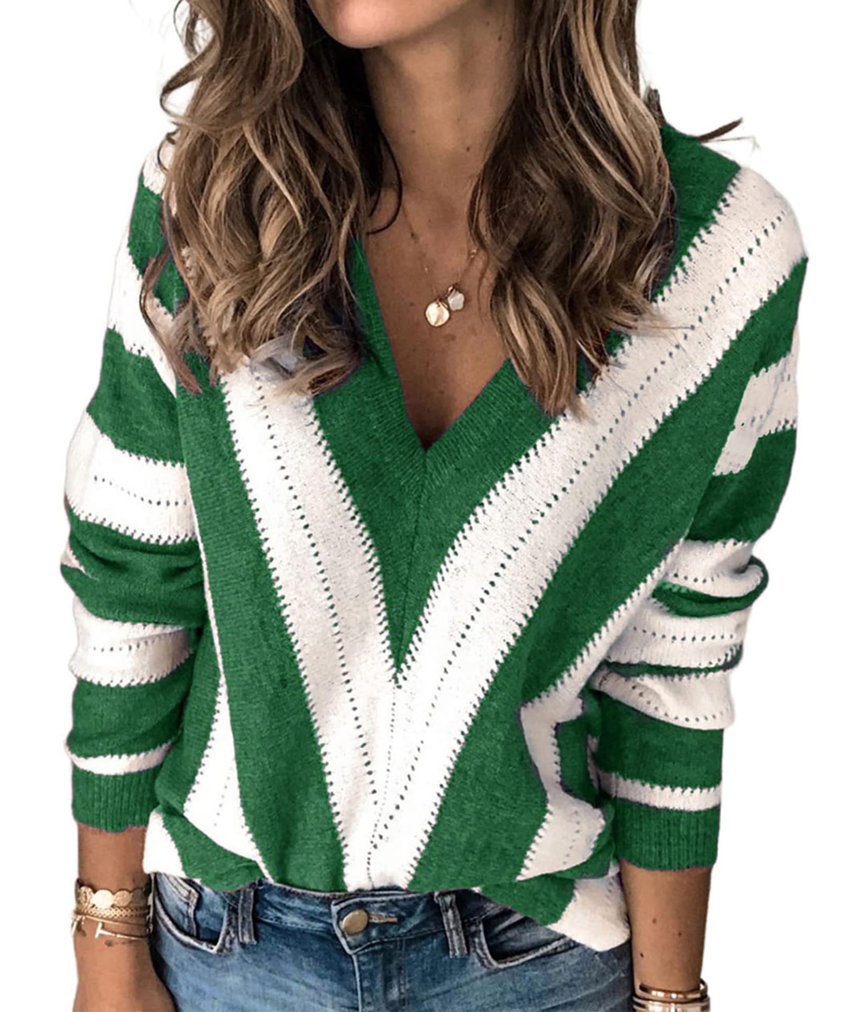 Women's V Neck Striped Knit Pullover Sweater