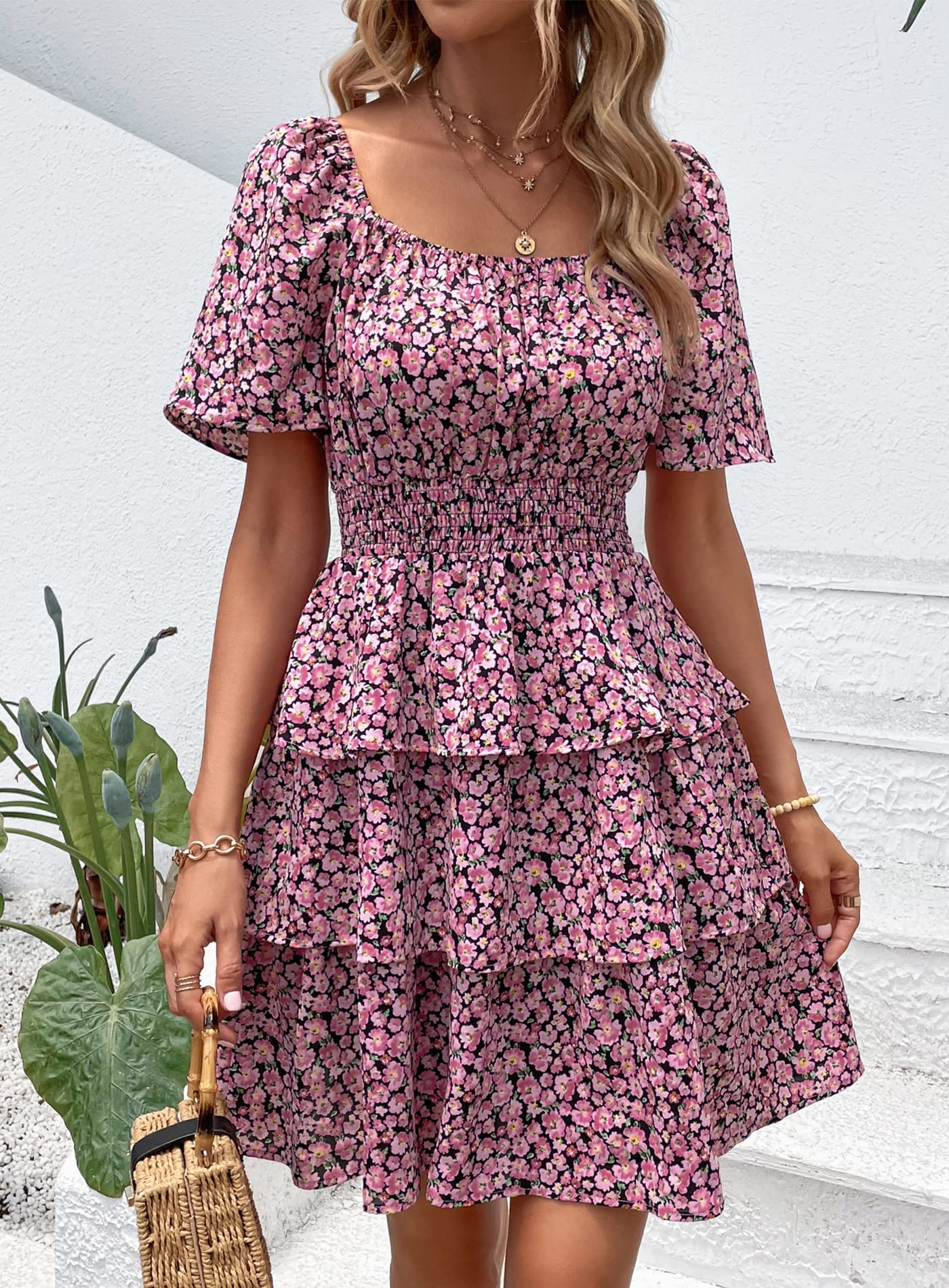 Women's Summer Floral Ruffle Short Dress Black Pink Floral,S