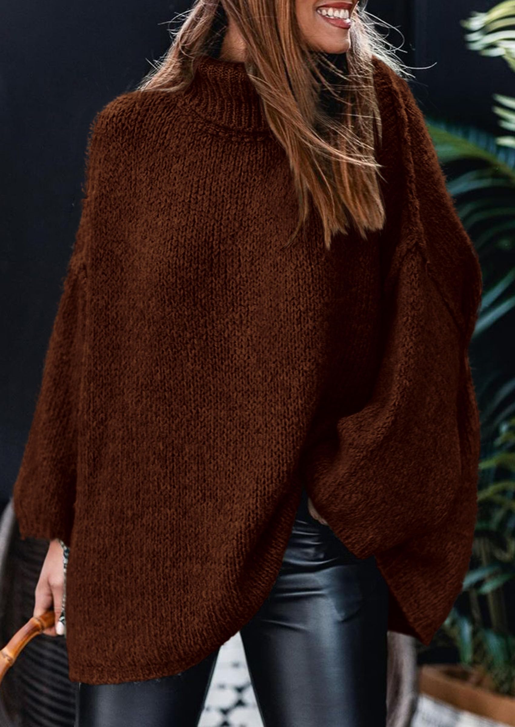 Womens Turtleneck Long Sleeve Oversized Sweaters,Dark Brown,S