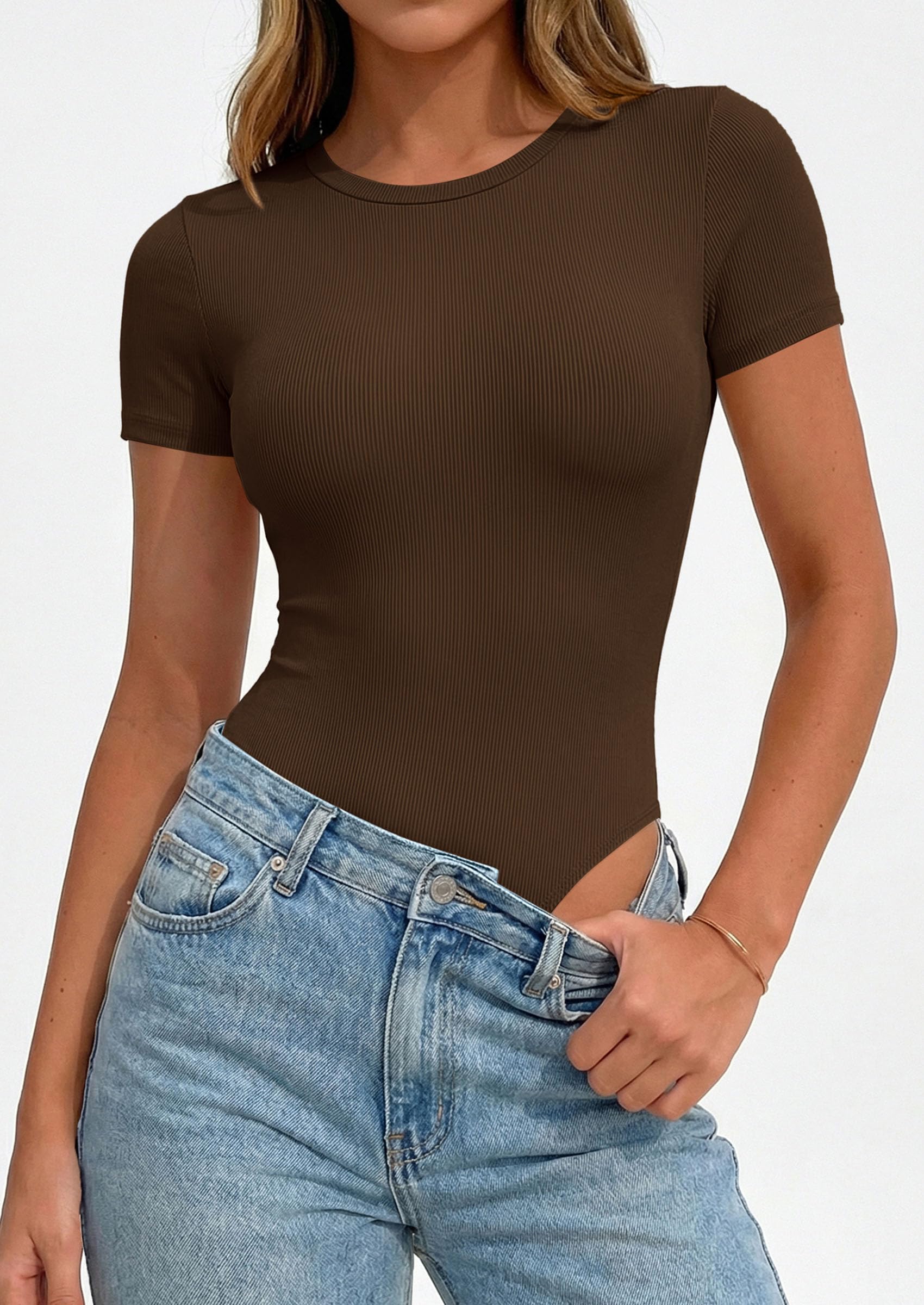 Body Suits for Womens Short Sleeve Summer Tops, Brown,XS