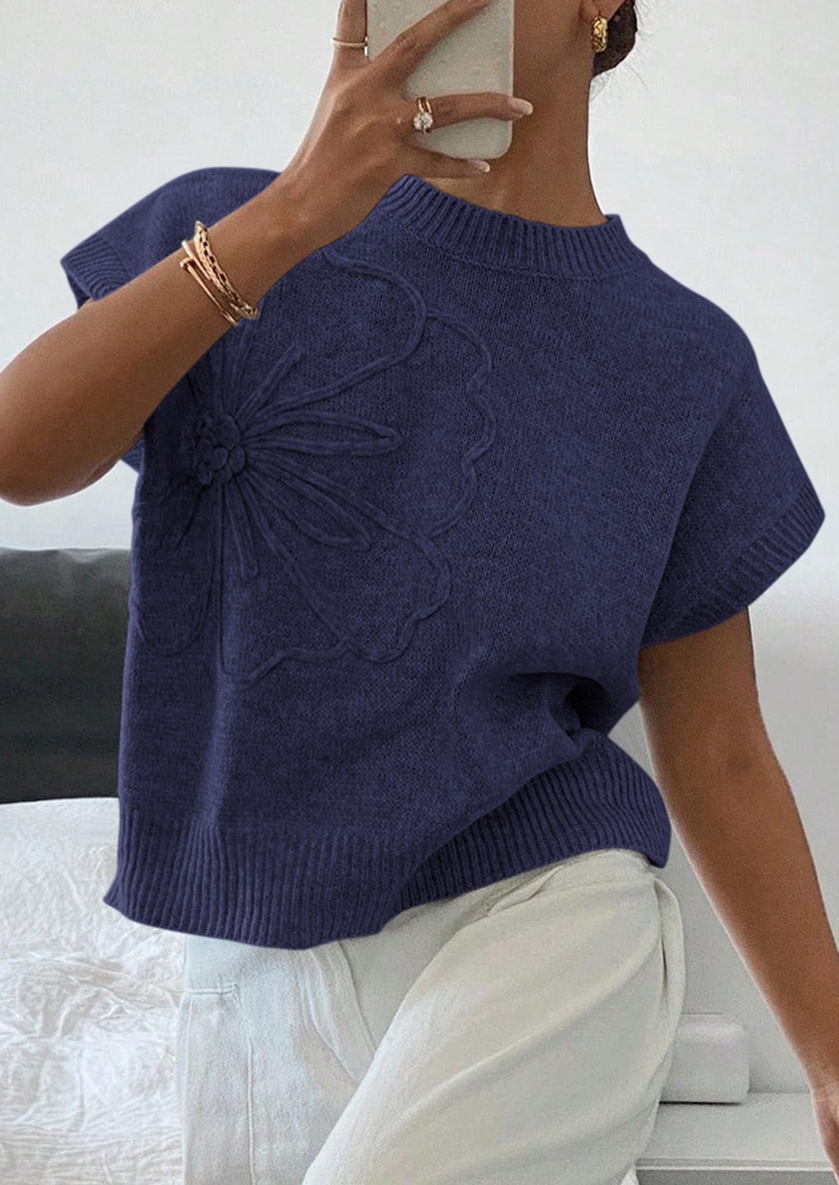 Women's Summer Short Cap Sleeve Sweater Vest (Navy Blue,S)