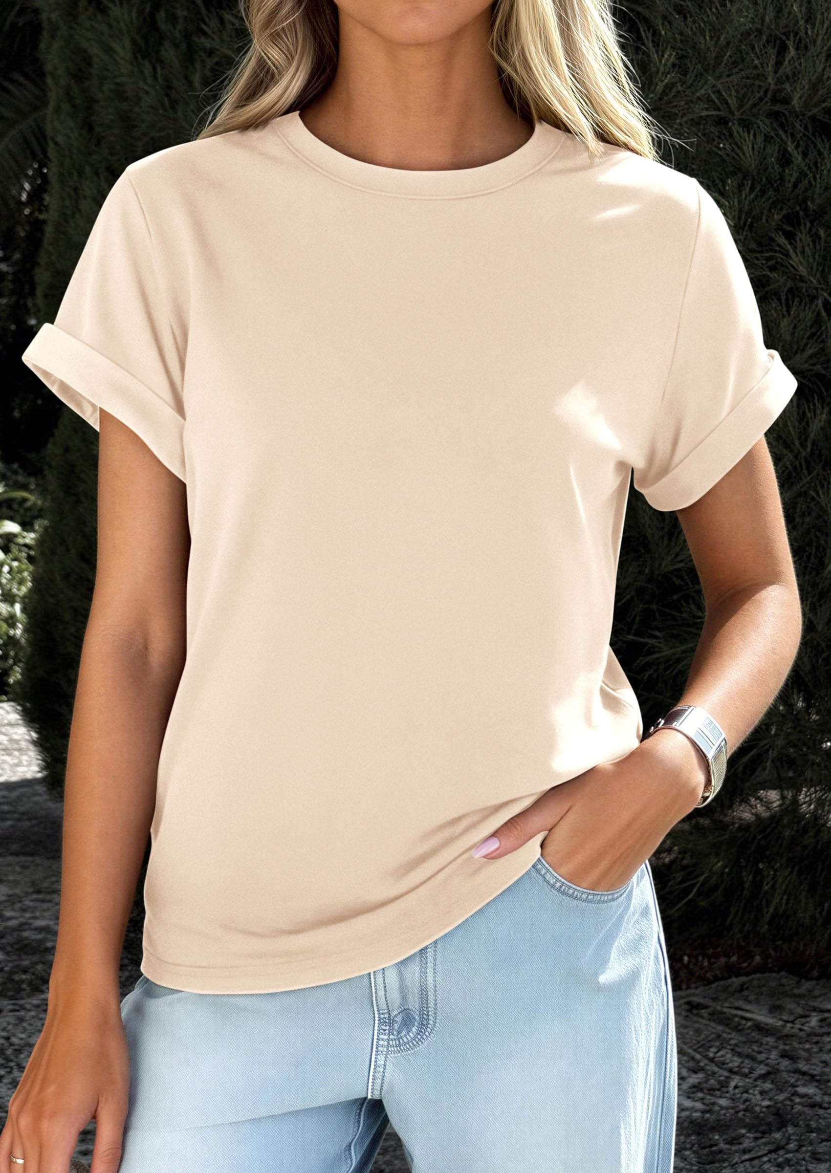 Womens Summer Tops Short Sleeve Shirts,Beige,S