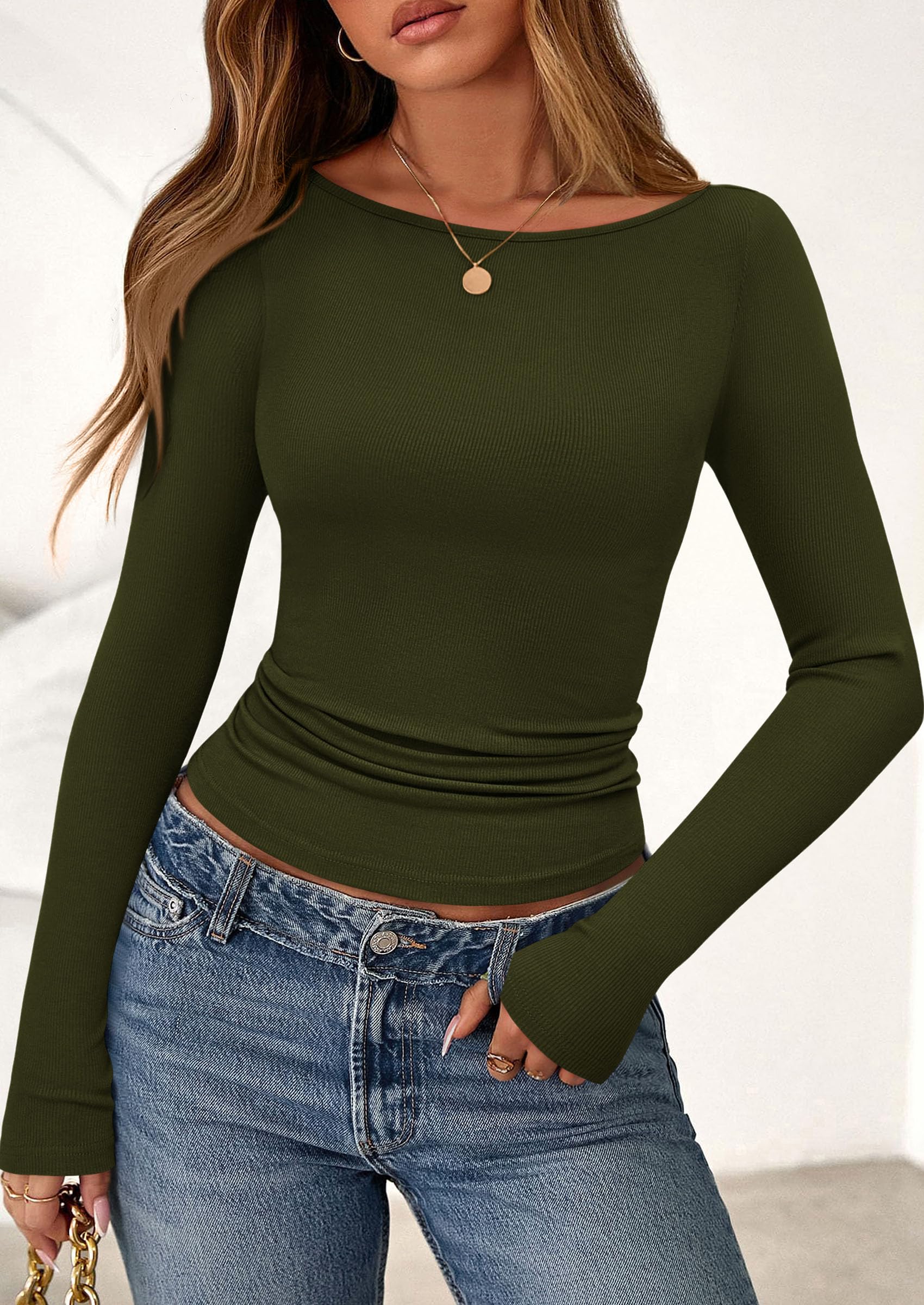 Long Sleeve T Shirts for Women Basic Ribbed Boat Neck Tops