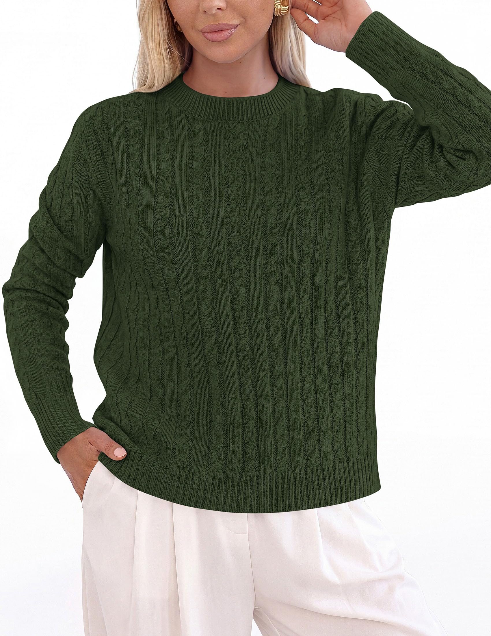 Womens Cable Knit Crewneck Fall Sweater Long Sleeve Tops 2026