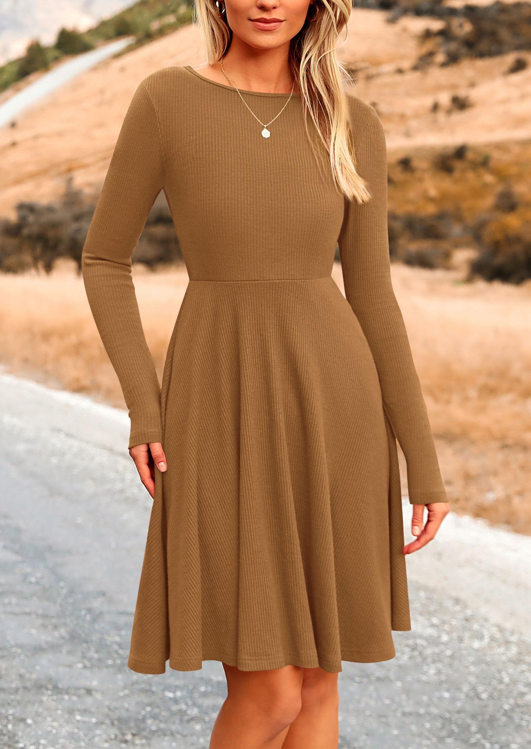 Women's Fall Casual Long Sleeve Short Dress (Dark Khaki,S)