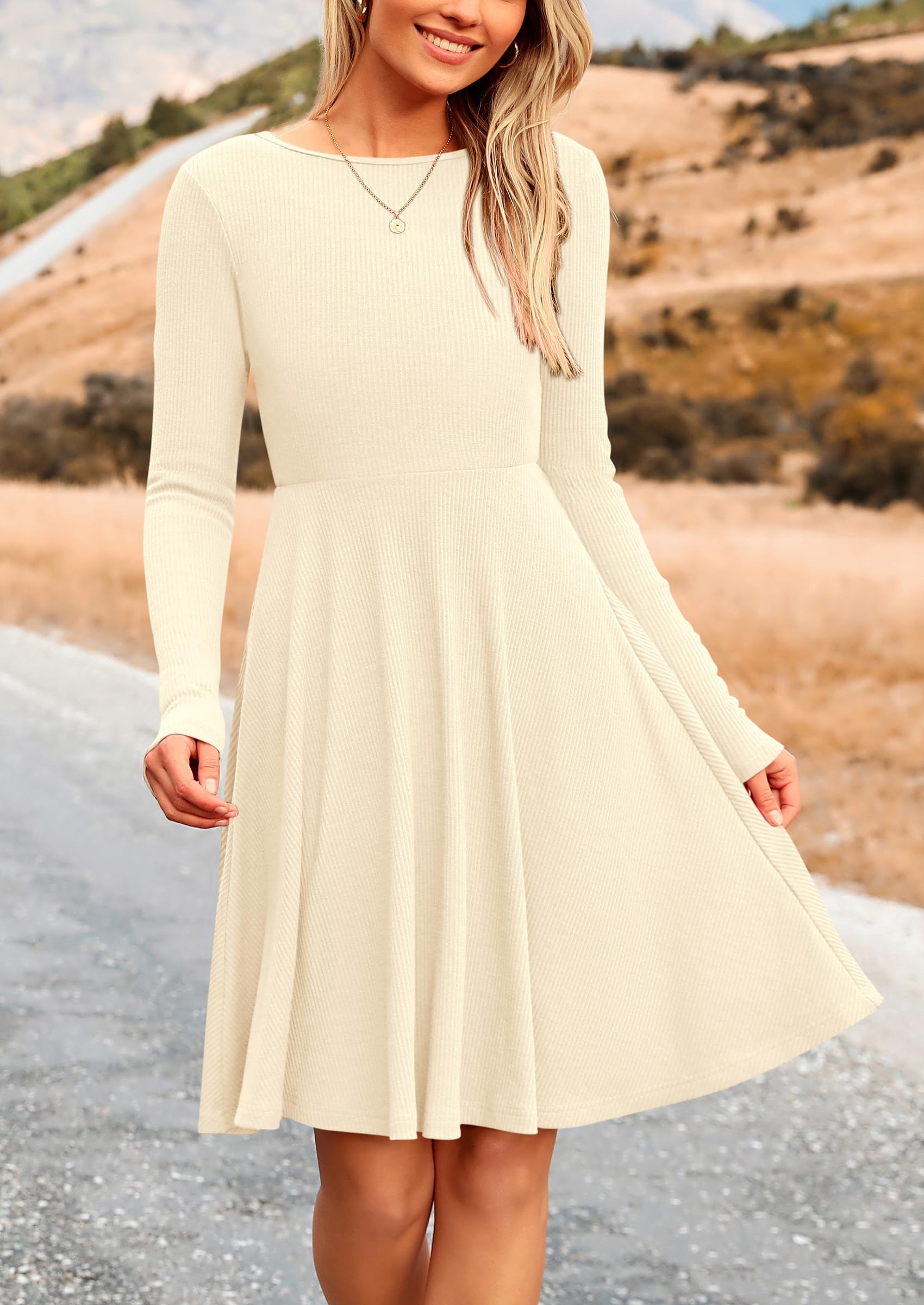 Women's Fall Casual Long Sleeve Short Dress (Beige,S)